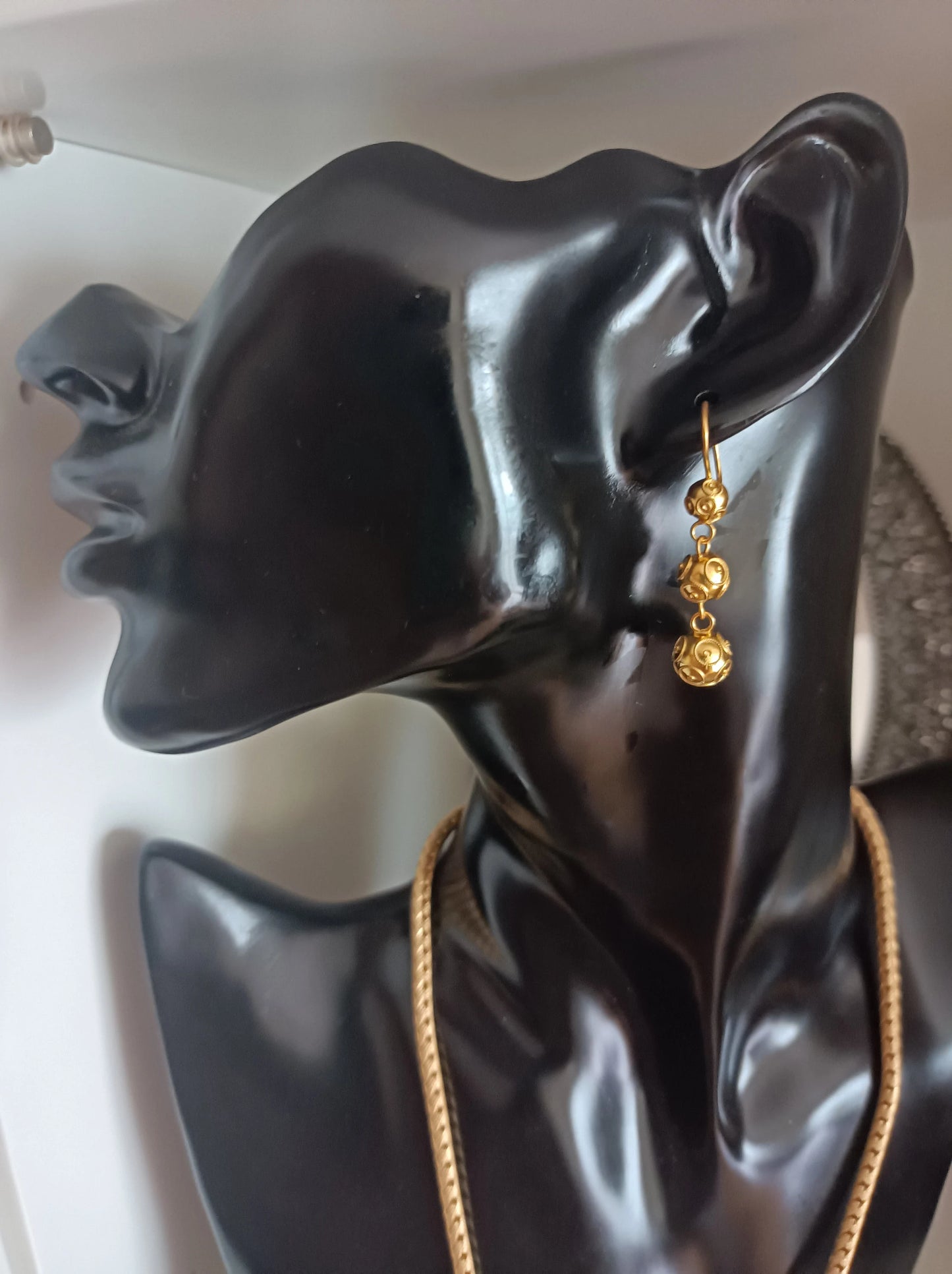 Portuguese Vintage Style Filigree 3 Dangling "Viana Beads" in Gold-Vermeil Silver