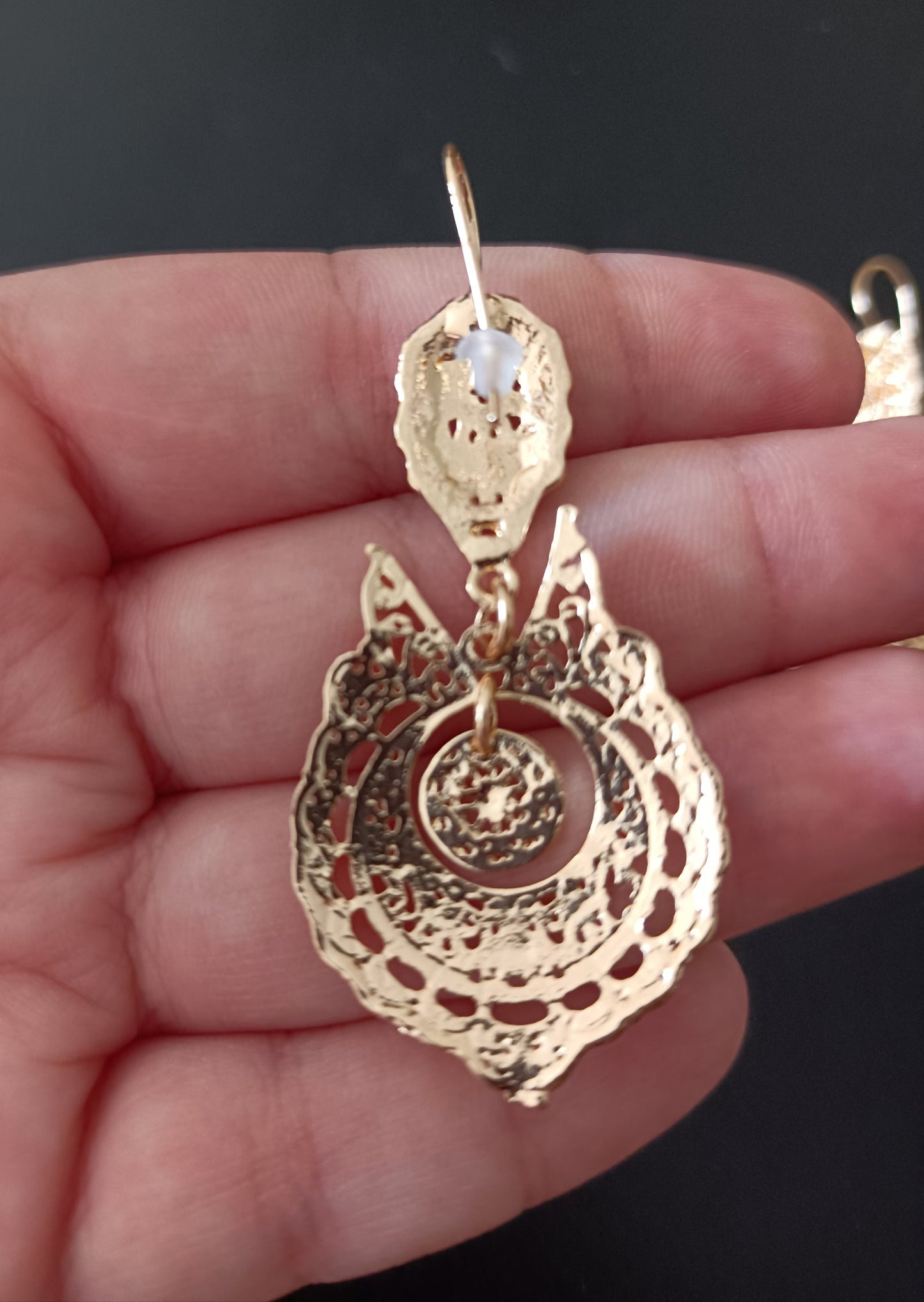 Handmade Portuguese Lowcost Jewelry Golden Metal Queen Maxi Hook Earring Filigree Style