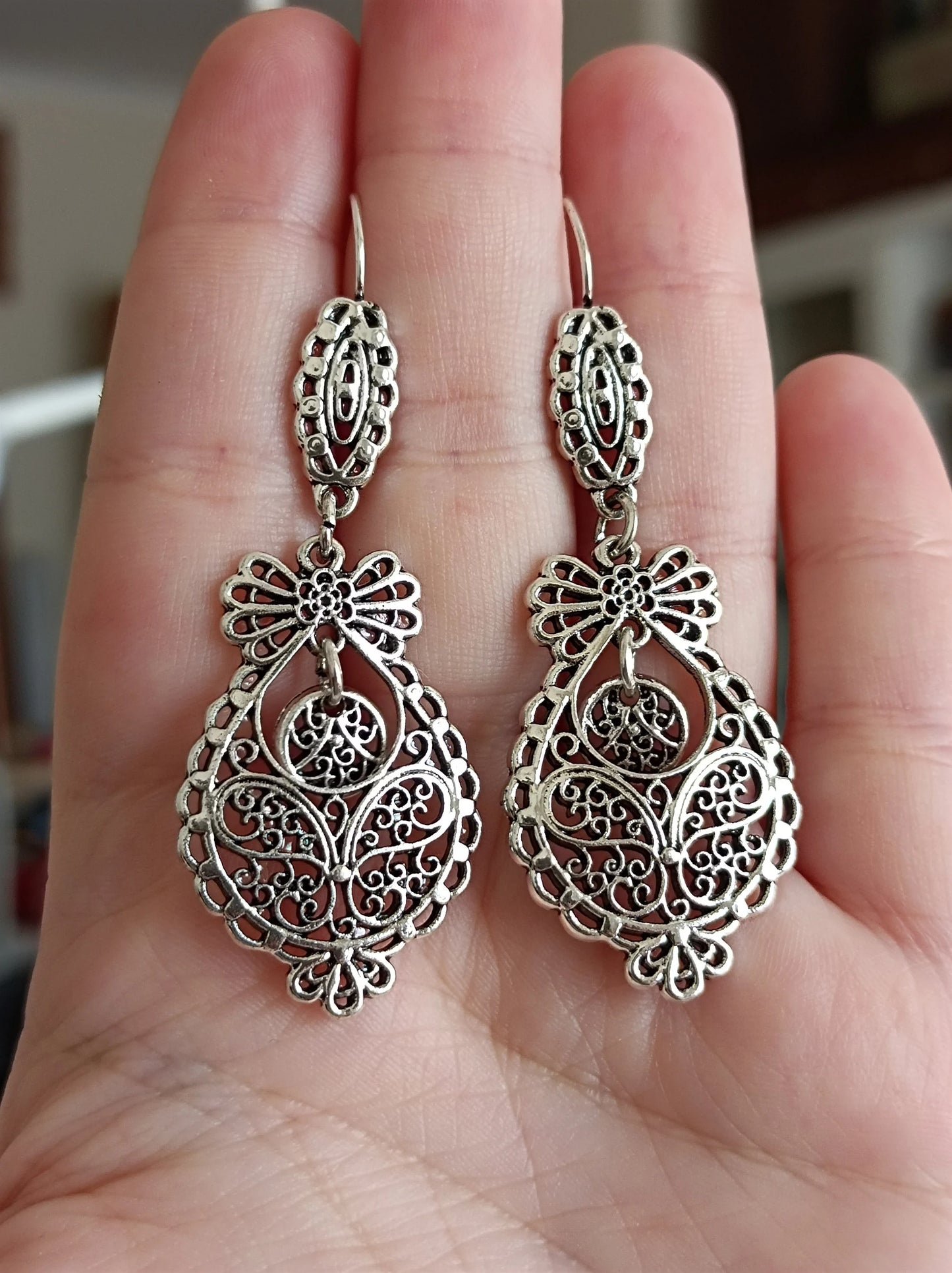 Portuguese Princess Filigree Max Hook Earrings Handmade Silver Metal Jewelry Zamak