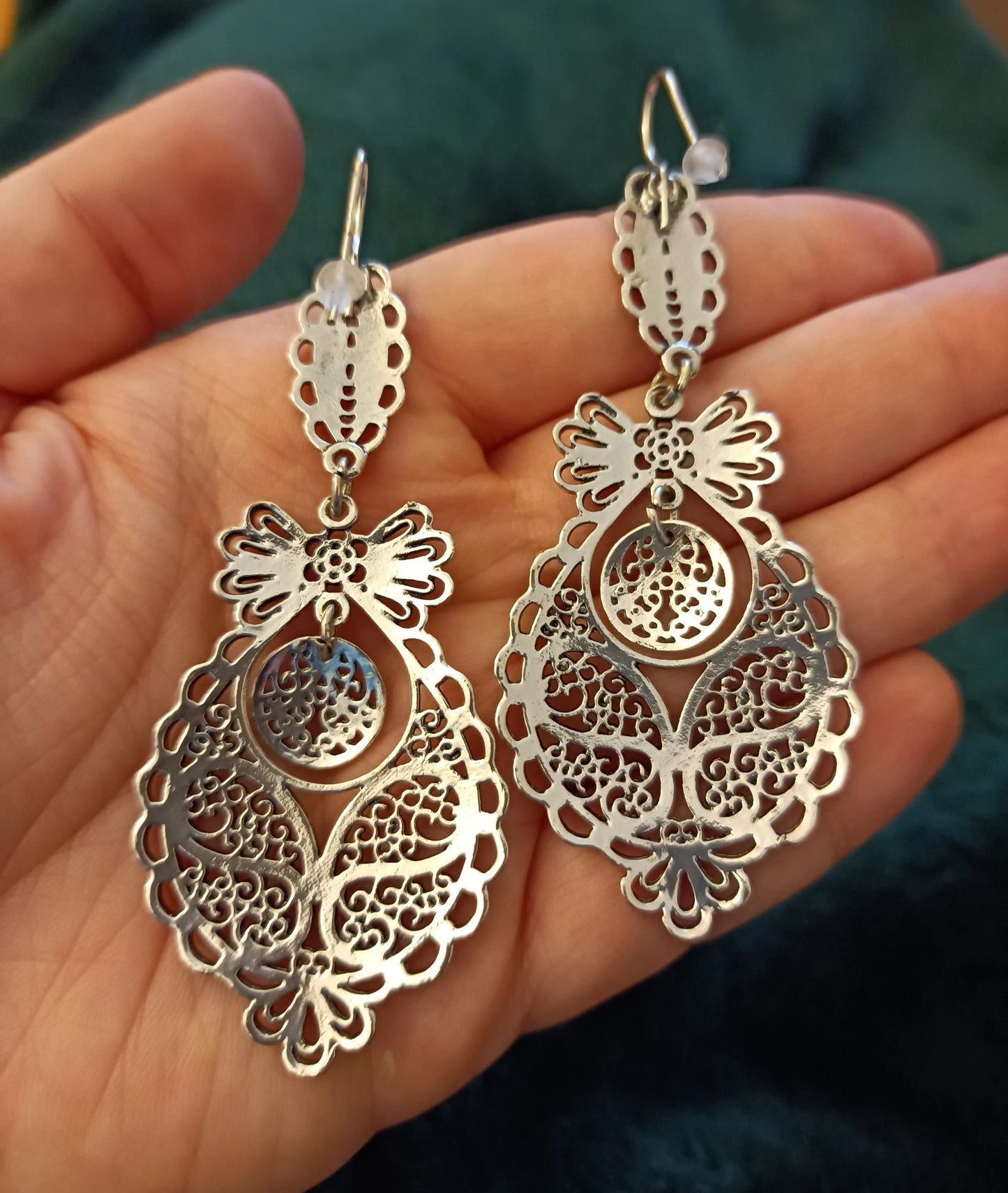 Portuguese Princess Filigree Max Hook Earrings Handmade Silver Metal Jewelry Zamak