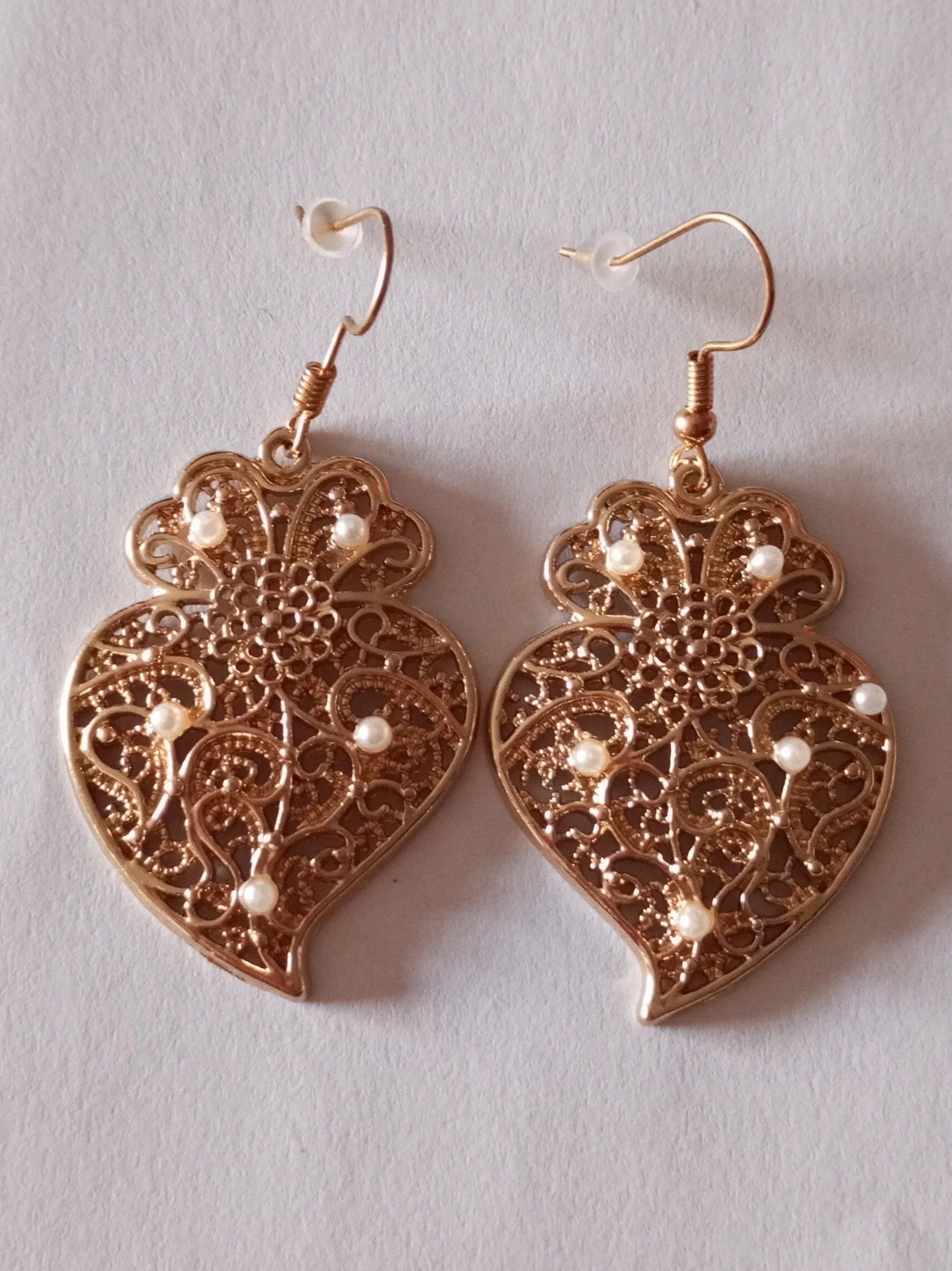 Heart of Viana Golden Filigree Metal Earring with White Pearl Hook Earring ZAMAK