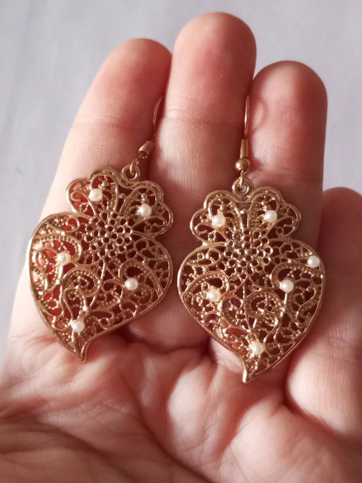 Heart of Viana Golden Filigree Metal Earring with White Pearl Hook Earring ZAMAK