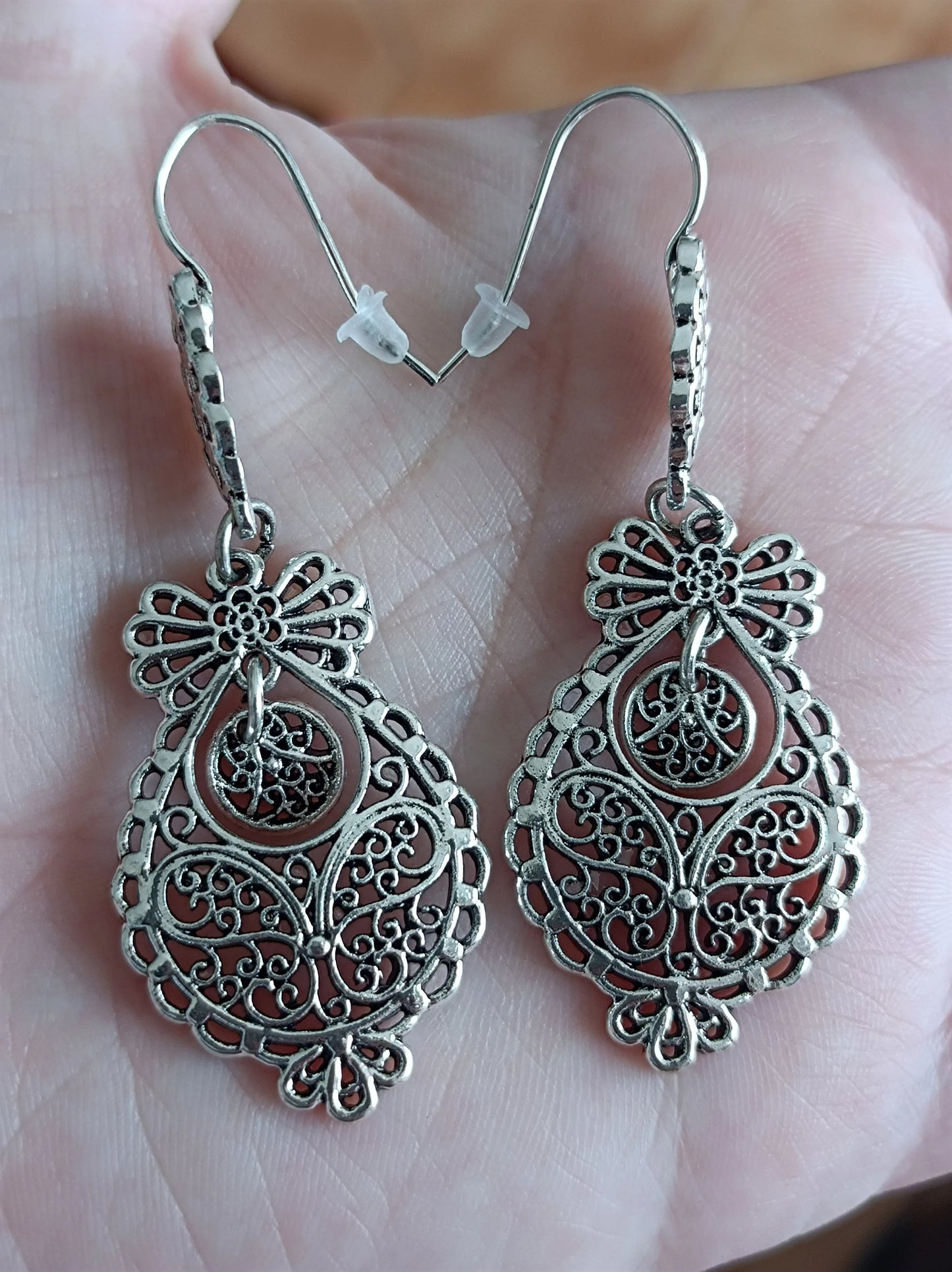 Portuguese Princess Filigree Max Hook Earrings Handmade Silver Metal Jewelry Zamak