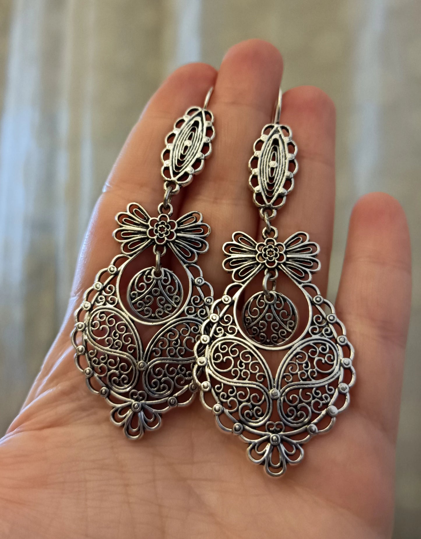 Portuguese Princess Filigree Max Hook Earrings Handmade Silver Metal Jewelry Zamak