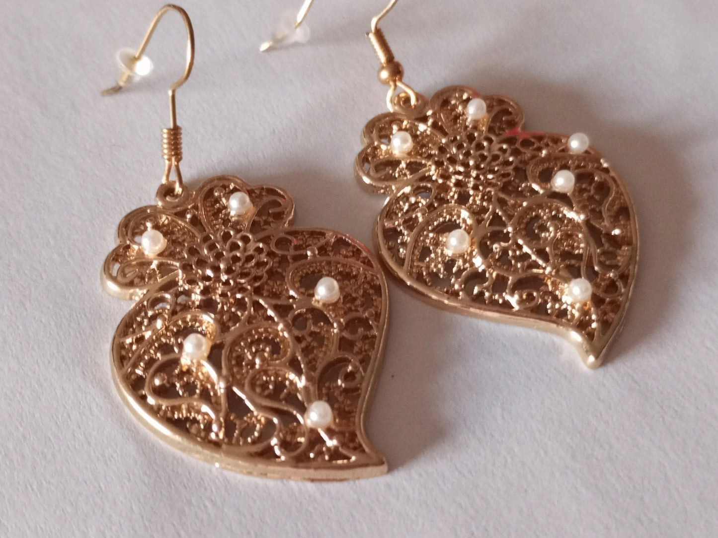 Heart of Viana Golden Filigree Metal Earring with White Pearl Hook Earring ZAMAK