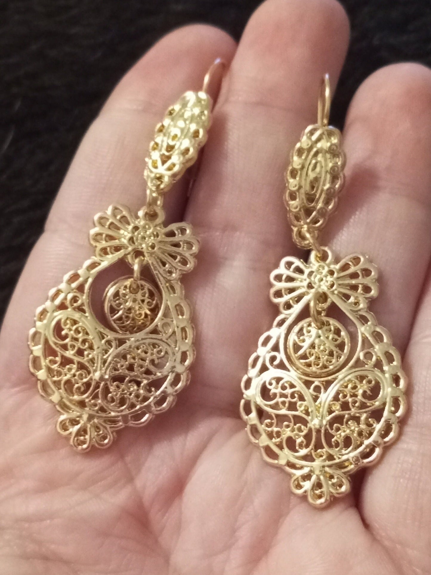 Portuguese Princess Filigree Maxi Hook Earrings Lowcost Handmade Golden Metal Jewelry ZAMAK