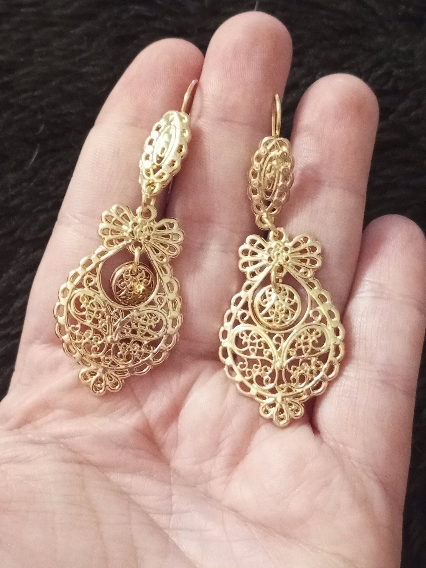 Portuguese Princess Filigree Maxi Hook Earrings Lowcost Handmade Golden Metal Jewelry ZAMAK