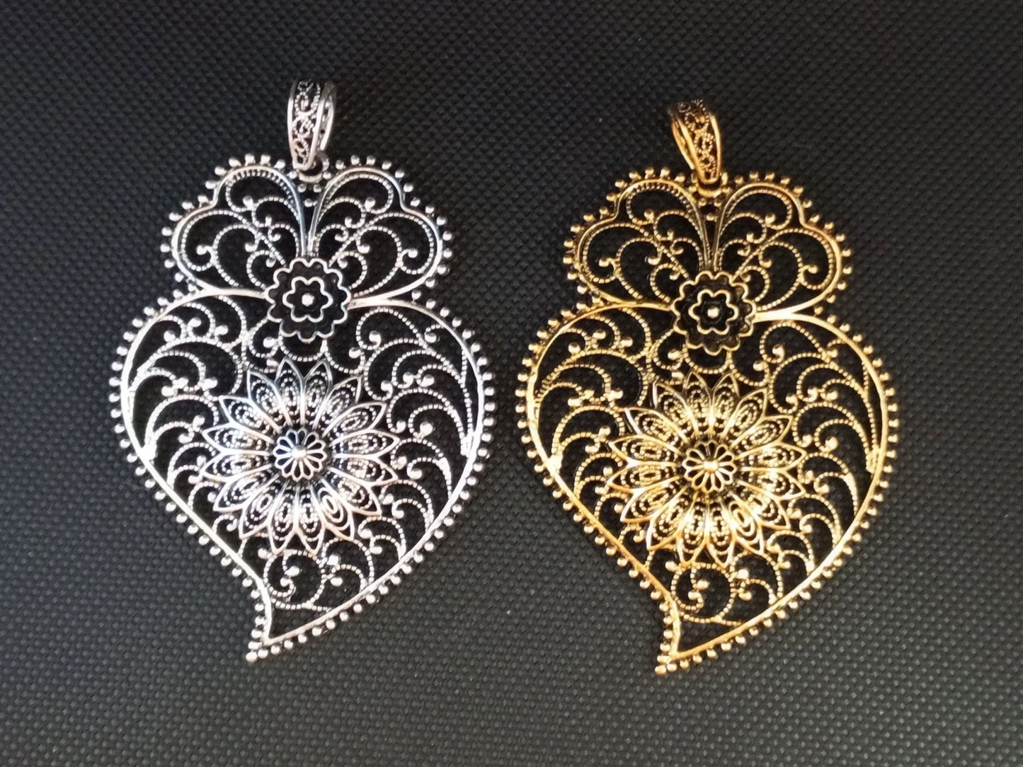 Portuguese Traditional Filigree Heart of Viana Pendant in Silver Metal Gold Handmade ZAMAK