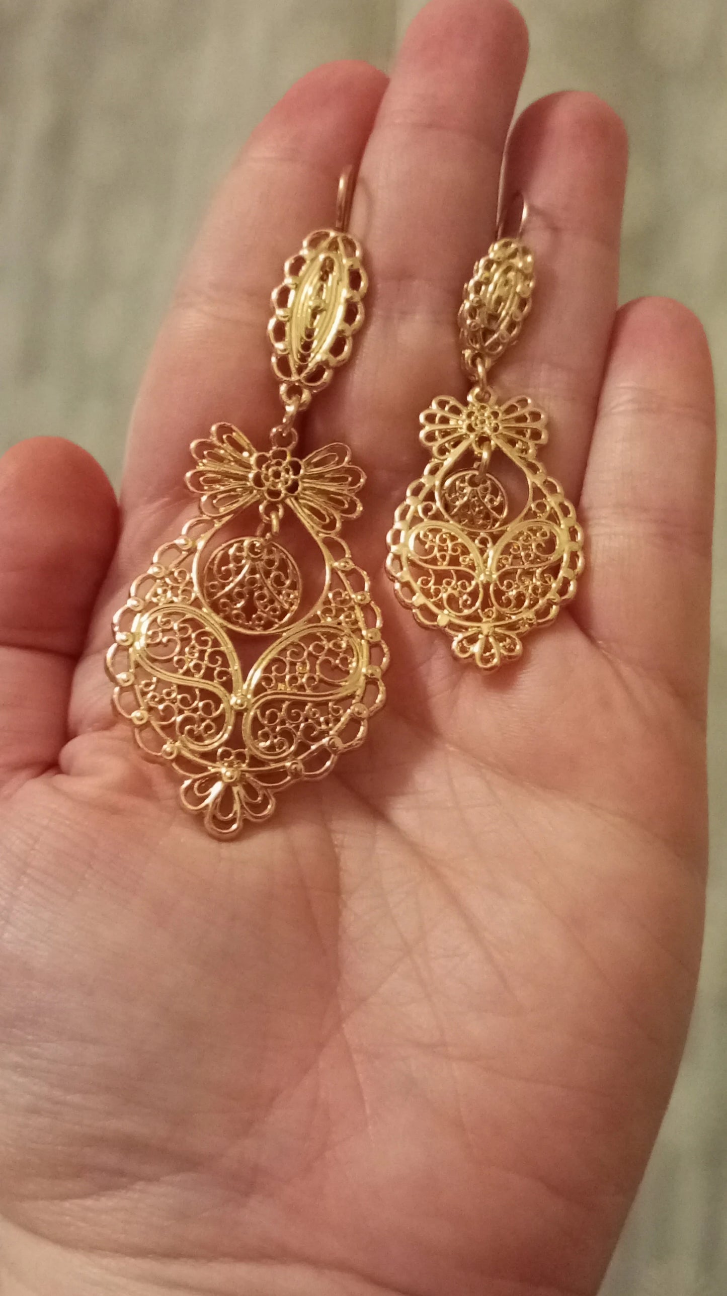 Portuguese Handmade Goldplated Metal Jewelry Princess Filigree Big Earrings ZAMAK