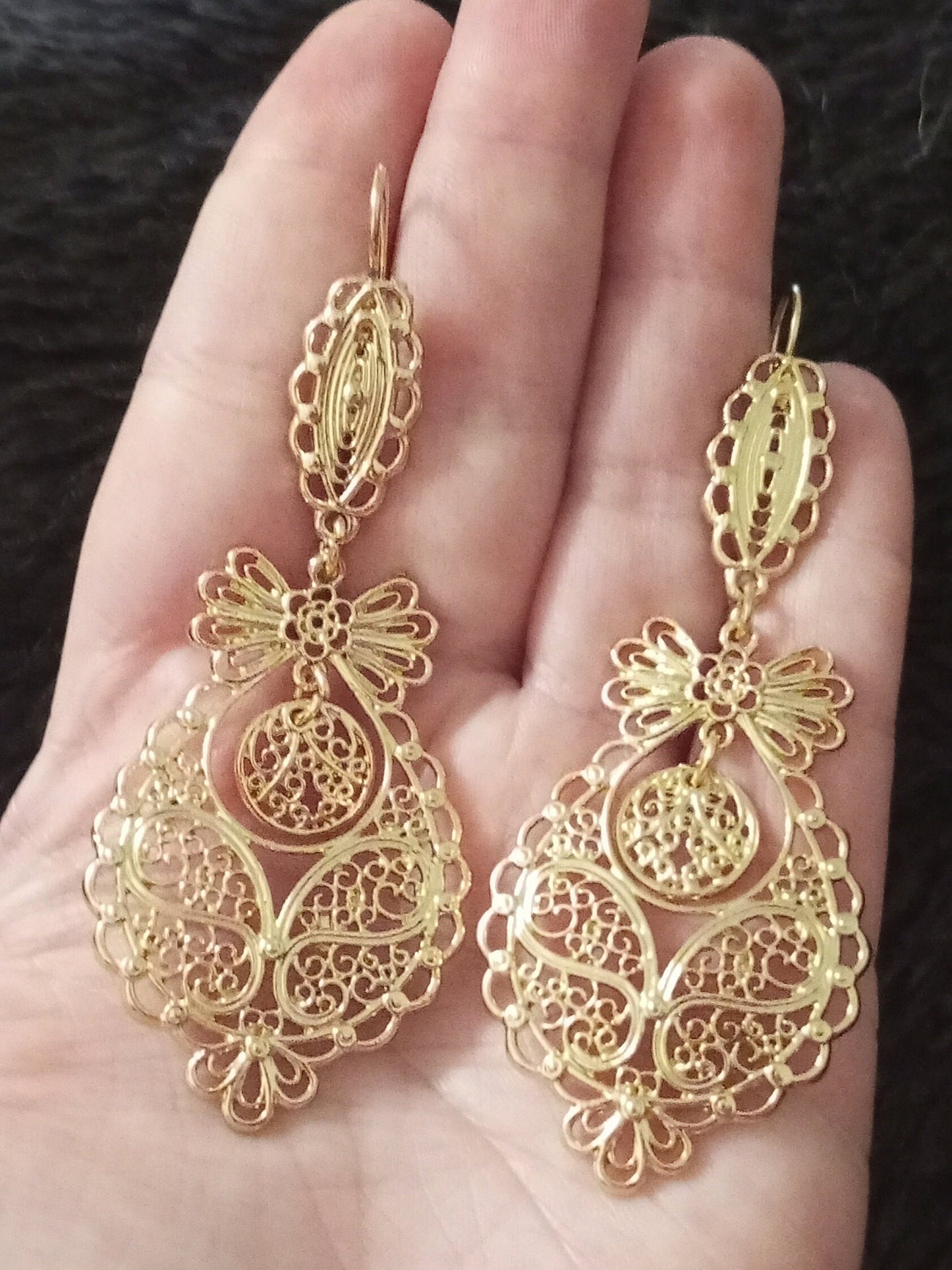 Portuguese Princess Filigree Maxi Hook Earrings Lowcost Handmade Golden Metal Jewelry ZAMAK