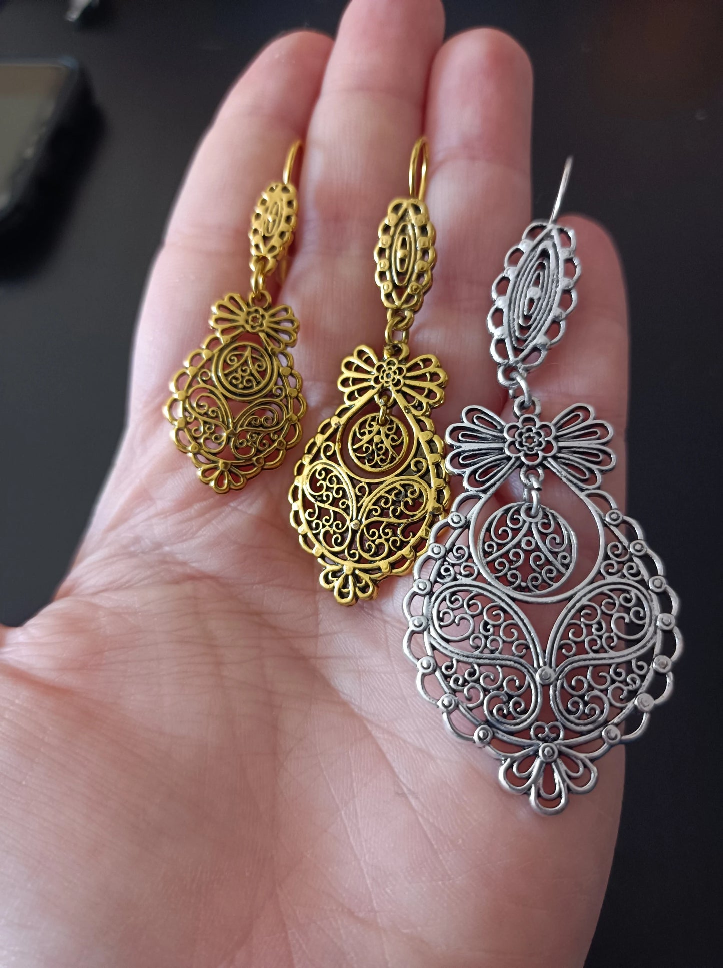Portuguese Handmade Goldplated Metal Jewelry Princess Filigree Big Earrings ZAMAK