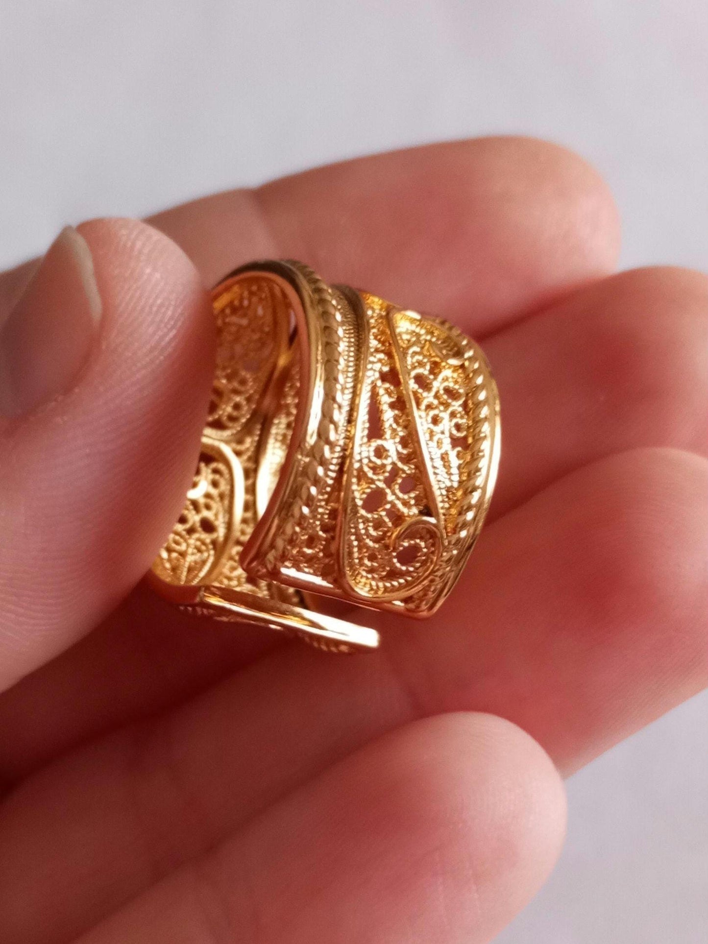 Goldplated Filigree Band Ring Stainless Steel Large Handmade Ring with 24Kts Gold
