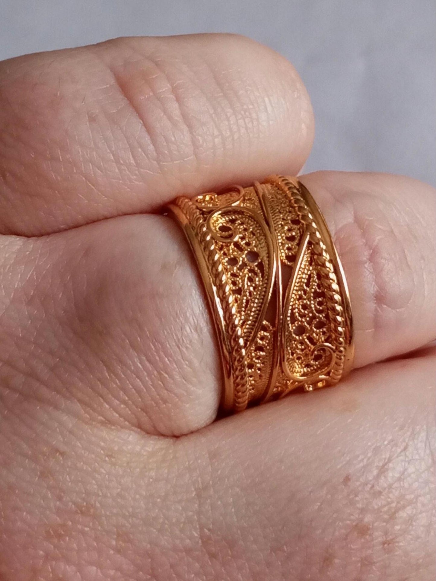 Goldplated Filigree Band Ring Stainless Steel Large Handmade Ring with 24Kts Gold