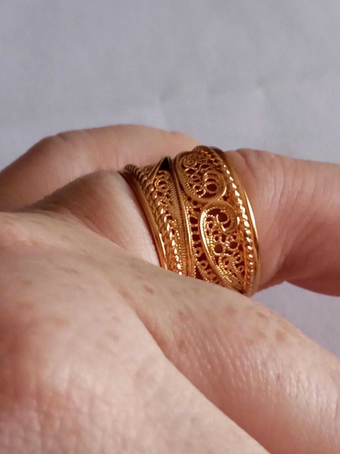 Goldplated Filigree Band Ring Stainless Steel Large Handmade Ring with 24Kts Gold