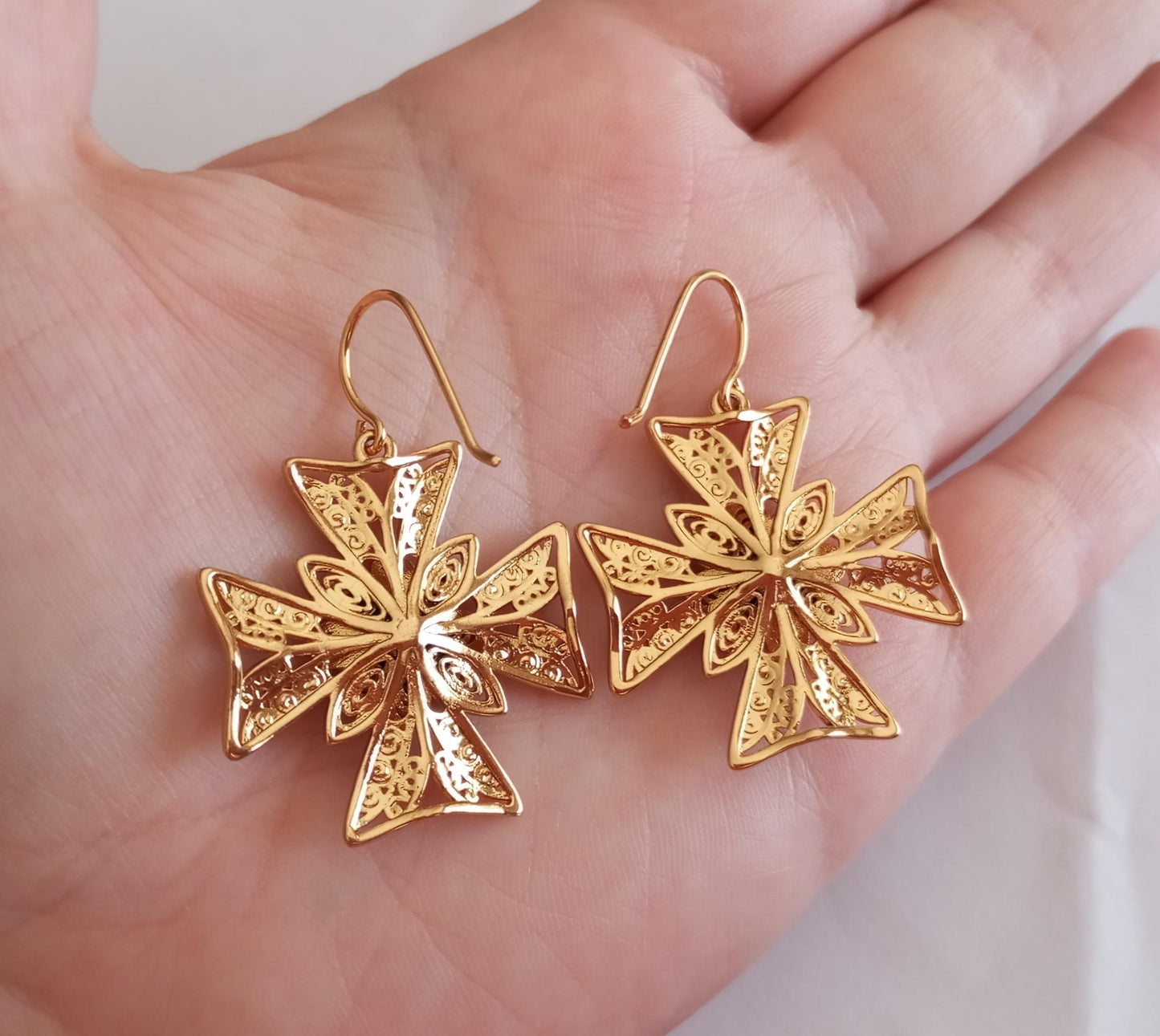 Goldfilled Religious Malta Cross Stainless Steel Hook Earring Filigree Style 24kt