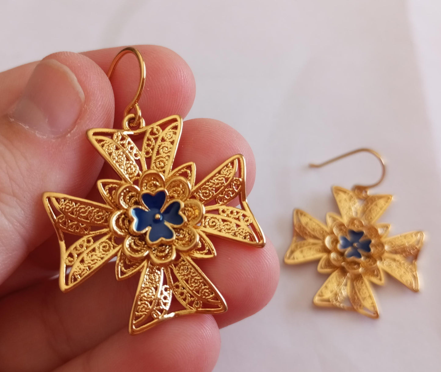 Goldfilled Religious Malta Cross Stainless Steel Hook Earring Filigree Style 24kt