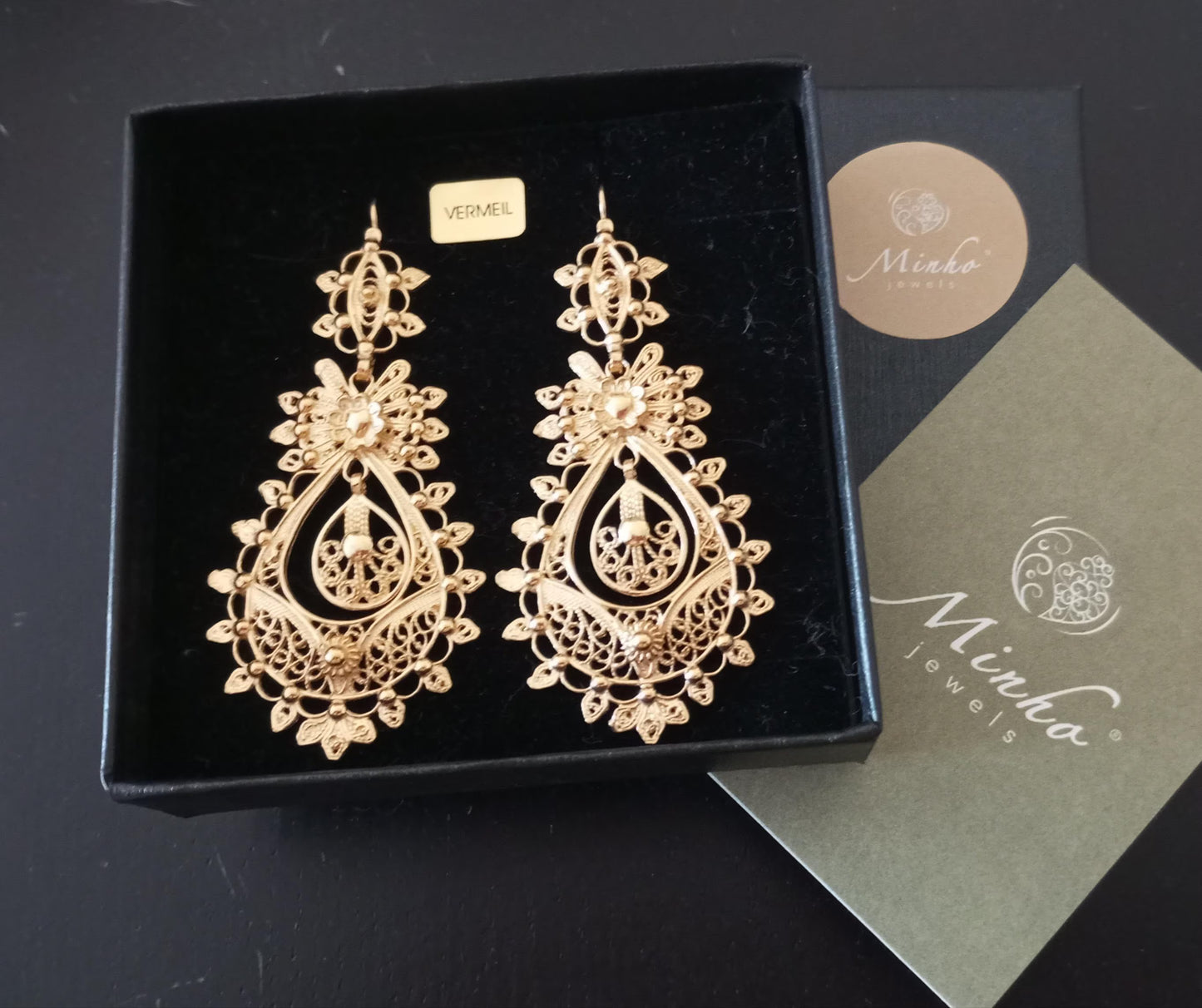 Traditional Portuguese Princess Filigree Earrings in Gold-Vermeil, Maxi Size