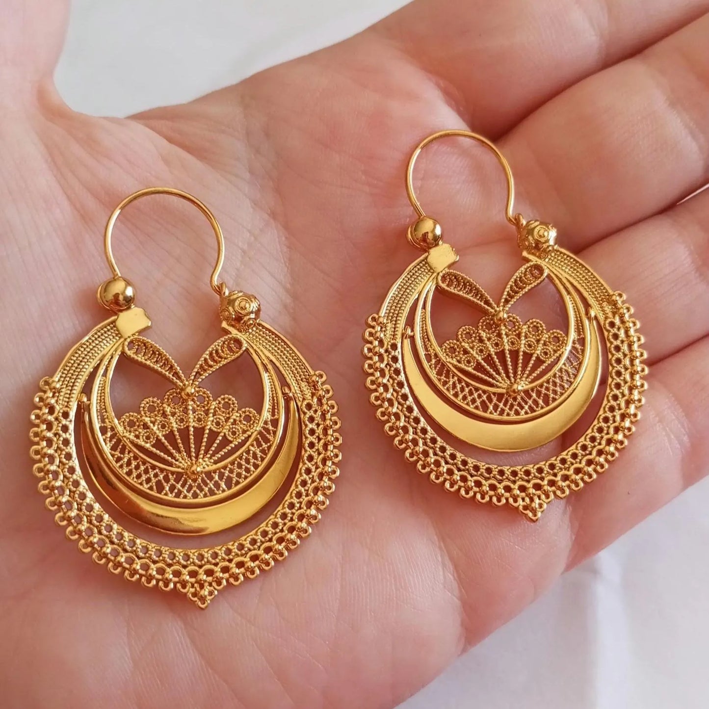 Portuguese Earrings in 24 Karat Gold, Stainless Steel Filigree Hoop Earrings, Traditional Regional Gold Jewelry from Minho