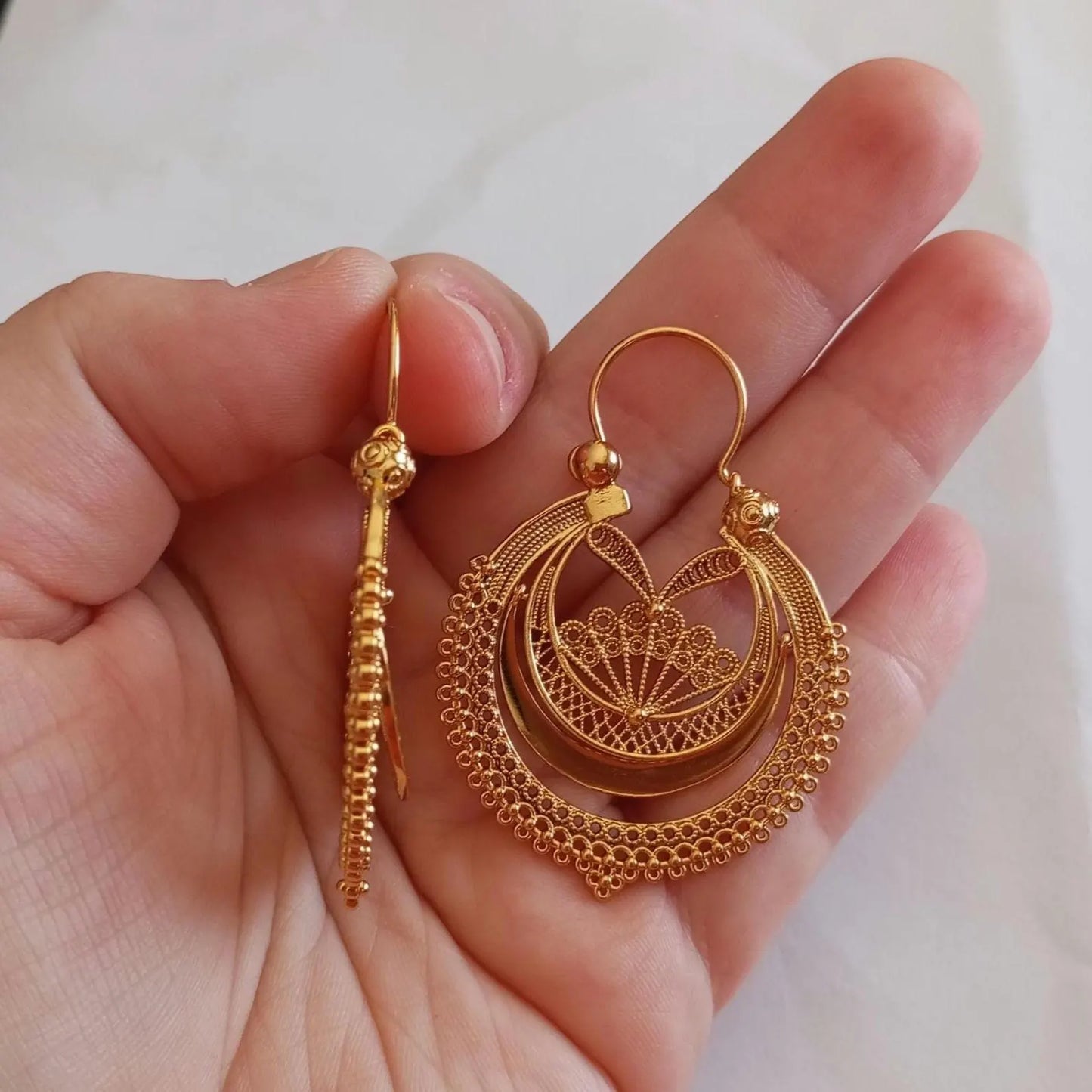 Portuguese Earrings in 24 Karat Gold, Stainless Steel Filigree Hoop Earrings, Traditional Regional Gold Jewelry from Minho