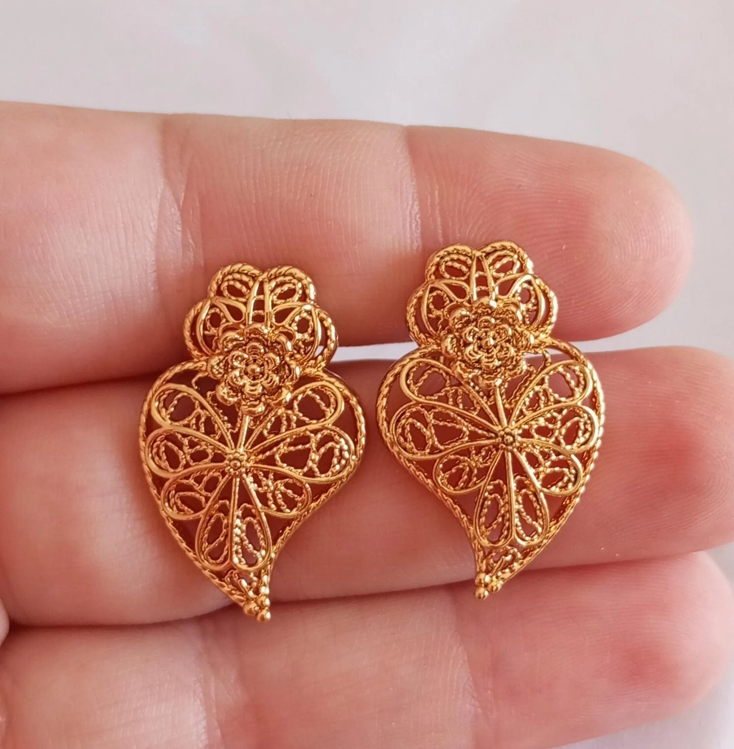 Goldfilled Stainless Steel Stud Earring Heart of Viana Filigree Style Portugal Made