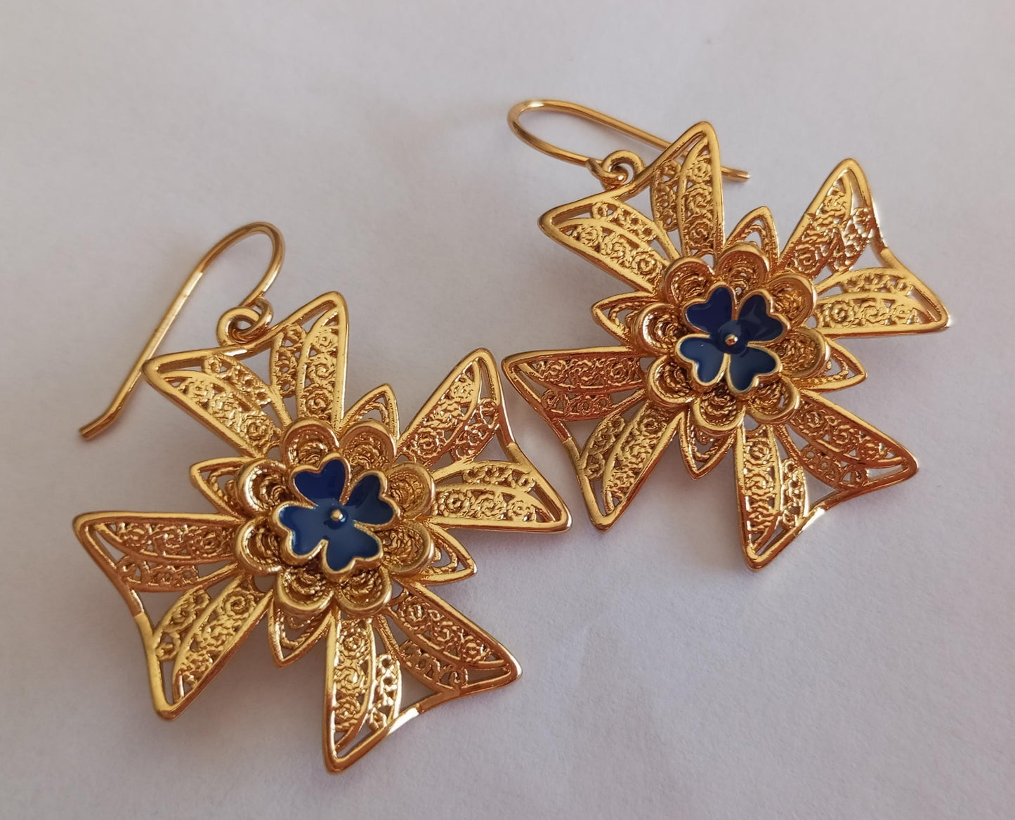 Goldfilled Religious Malta Cross Stainless Steel Hook Earring Filigree Style 24kt