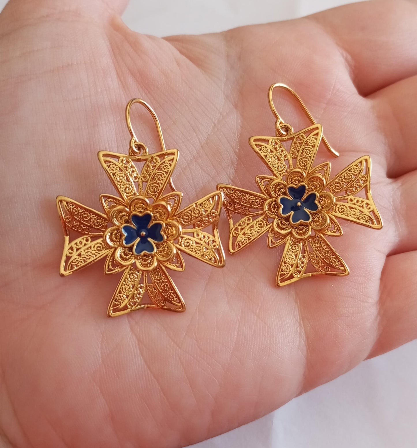 Goldfilled Religious Malta Cross Stainless Steel Hook Earring Filigree Style 24kt