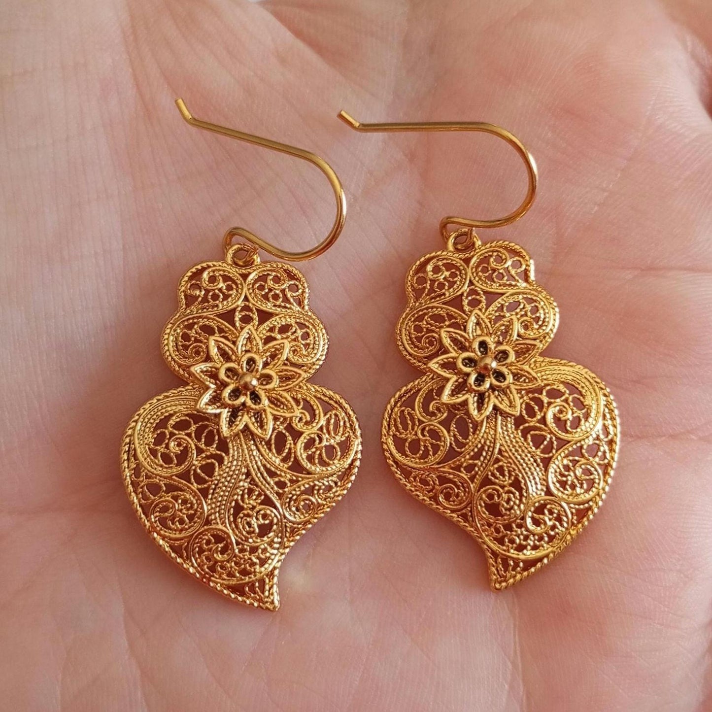 Goldfilled Stainless Steel Hook Earring Heart of Viana Filigree Style Cute Portuguese Jewelry