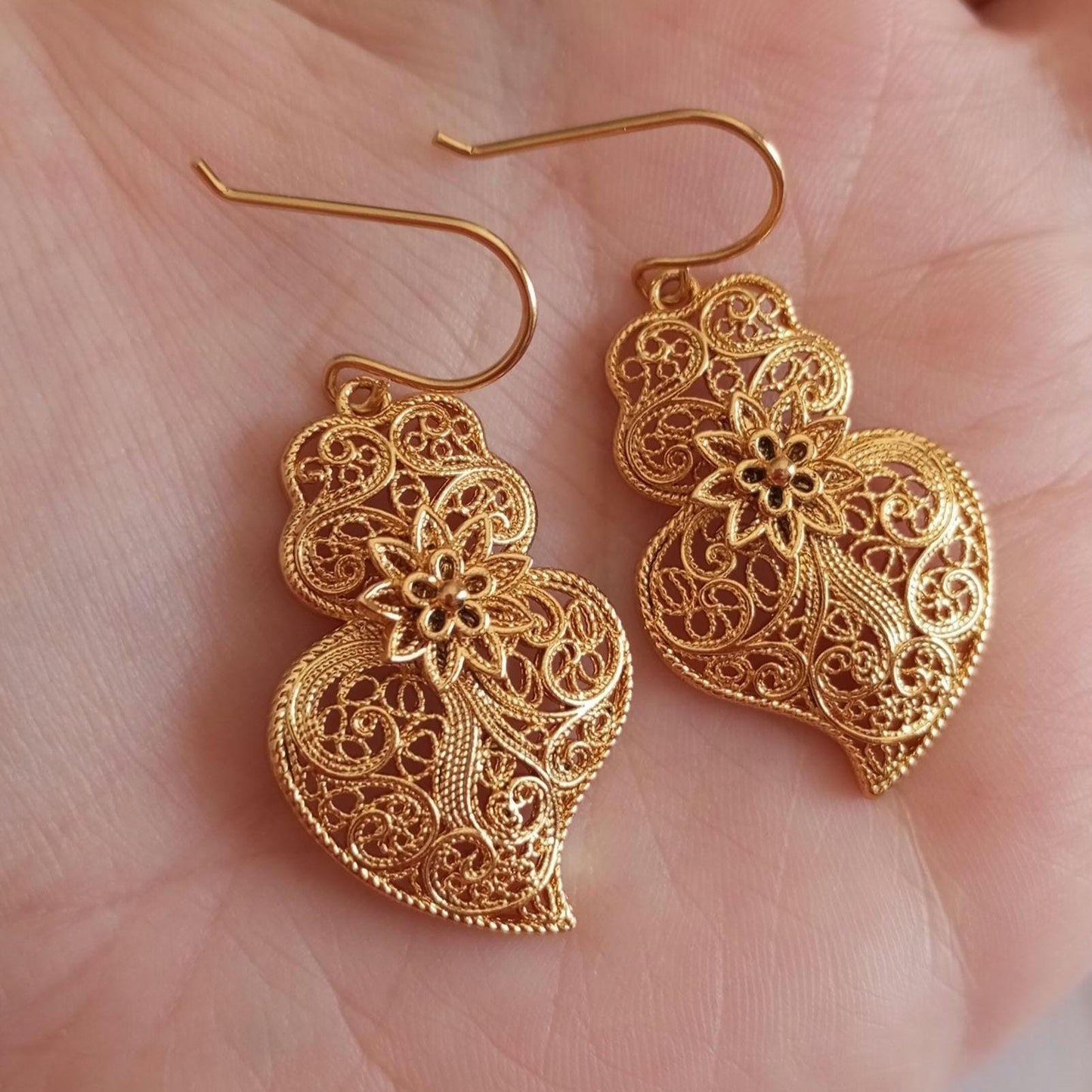 Goldfilled Stainless Steel Hook Earring Heart of Viana Filigree Style Cute Portuguese Jewelry