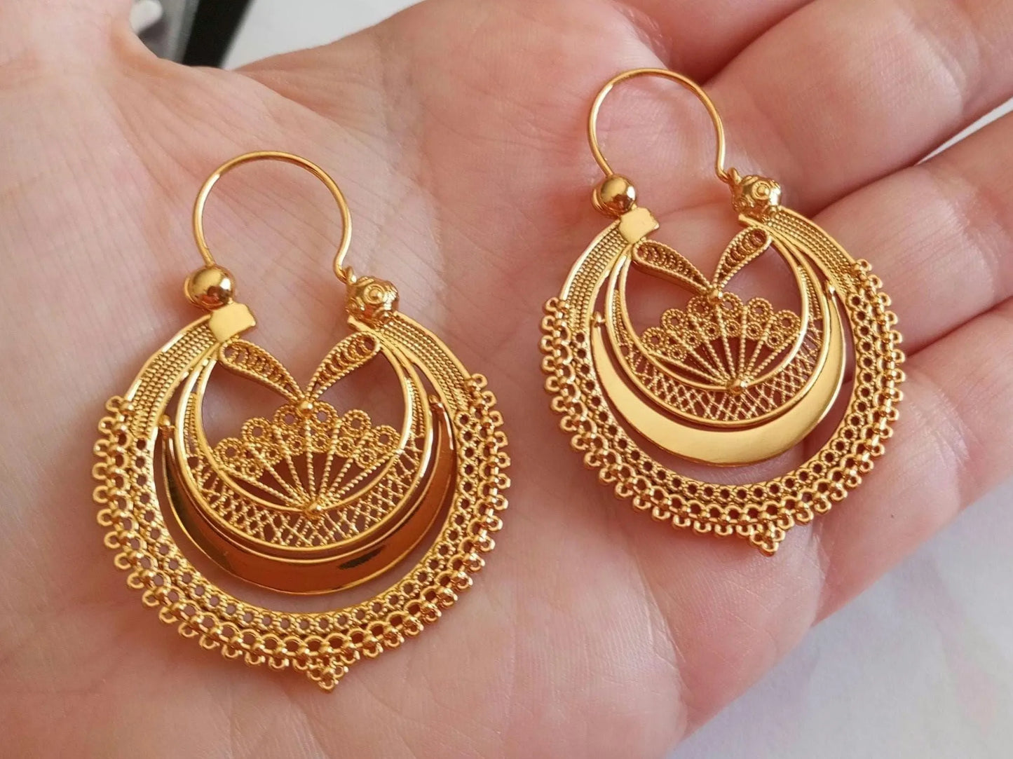 Portuguese Earrings in 24 Karat Gold, Stainless Steel Filigree Hoop Earrings, Traditional Regional Gold Jewelry from Minho