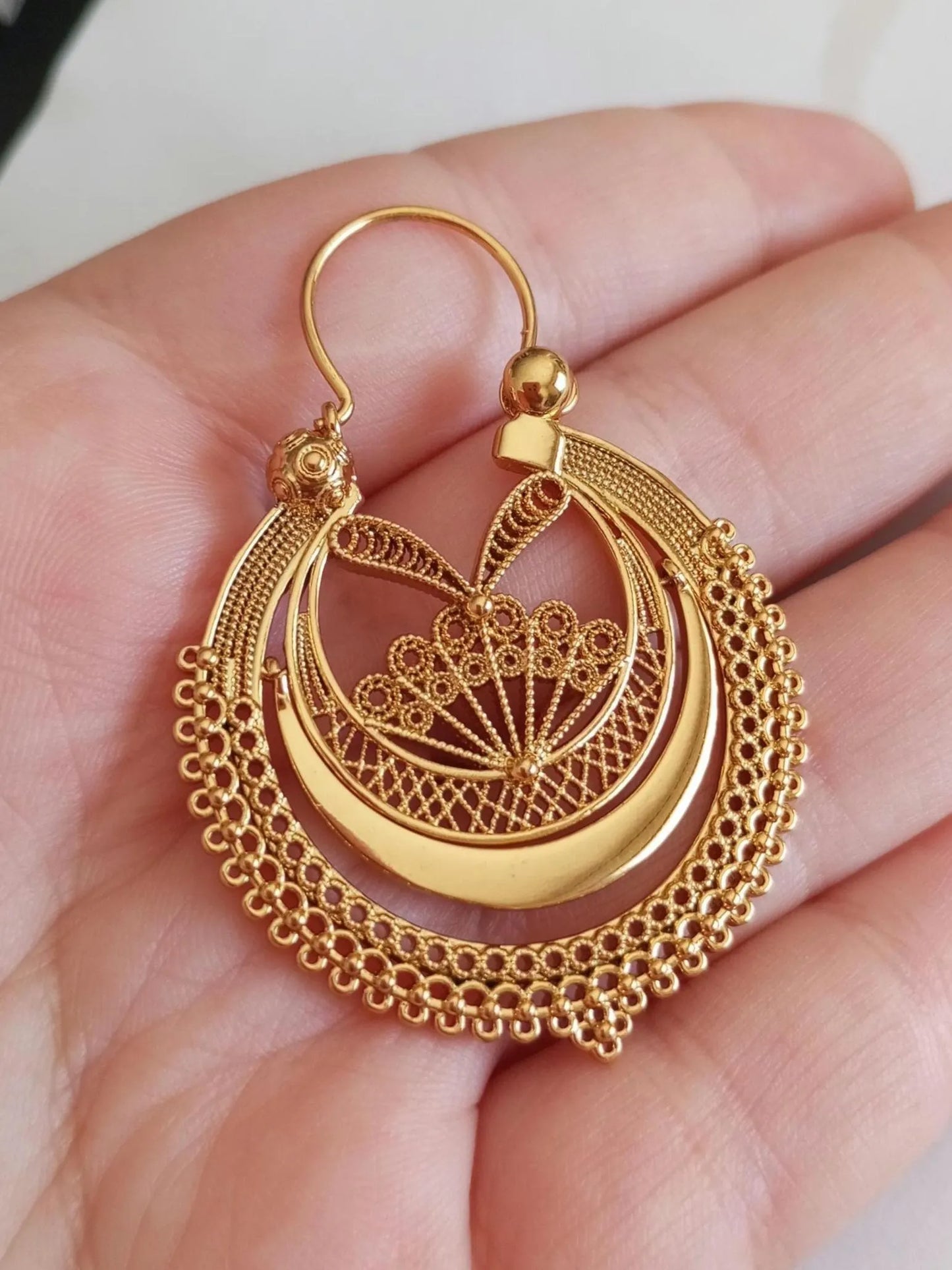 Portuguese Earrings in 24 Karat Gold, Stainless Steel Filigree Hoop Earrings, Traditional Regional Gold Jewelry from Minho
