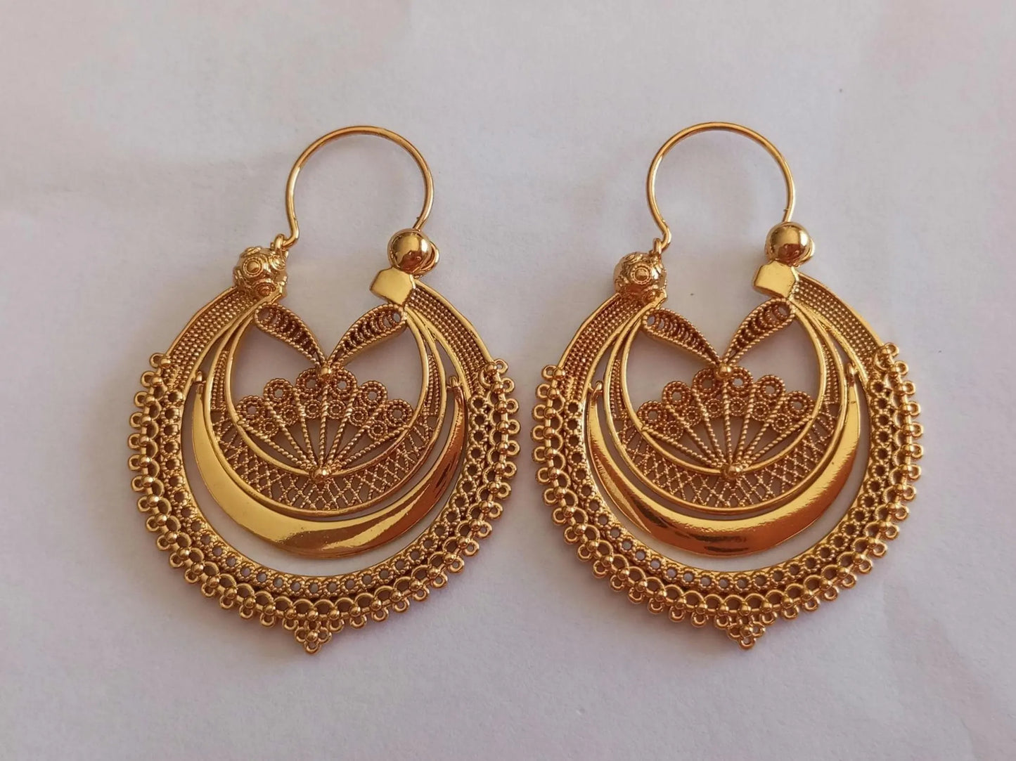 Portuguese Earrings in 24 Karat Gold, Stainless Steel Filigree Hoop Earrings, Traditional Regional Gold Jewelry from Minho