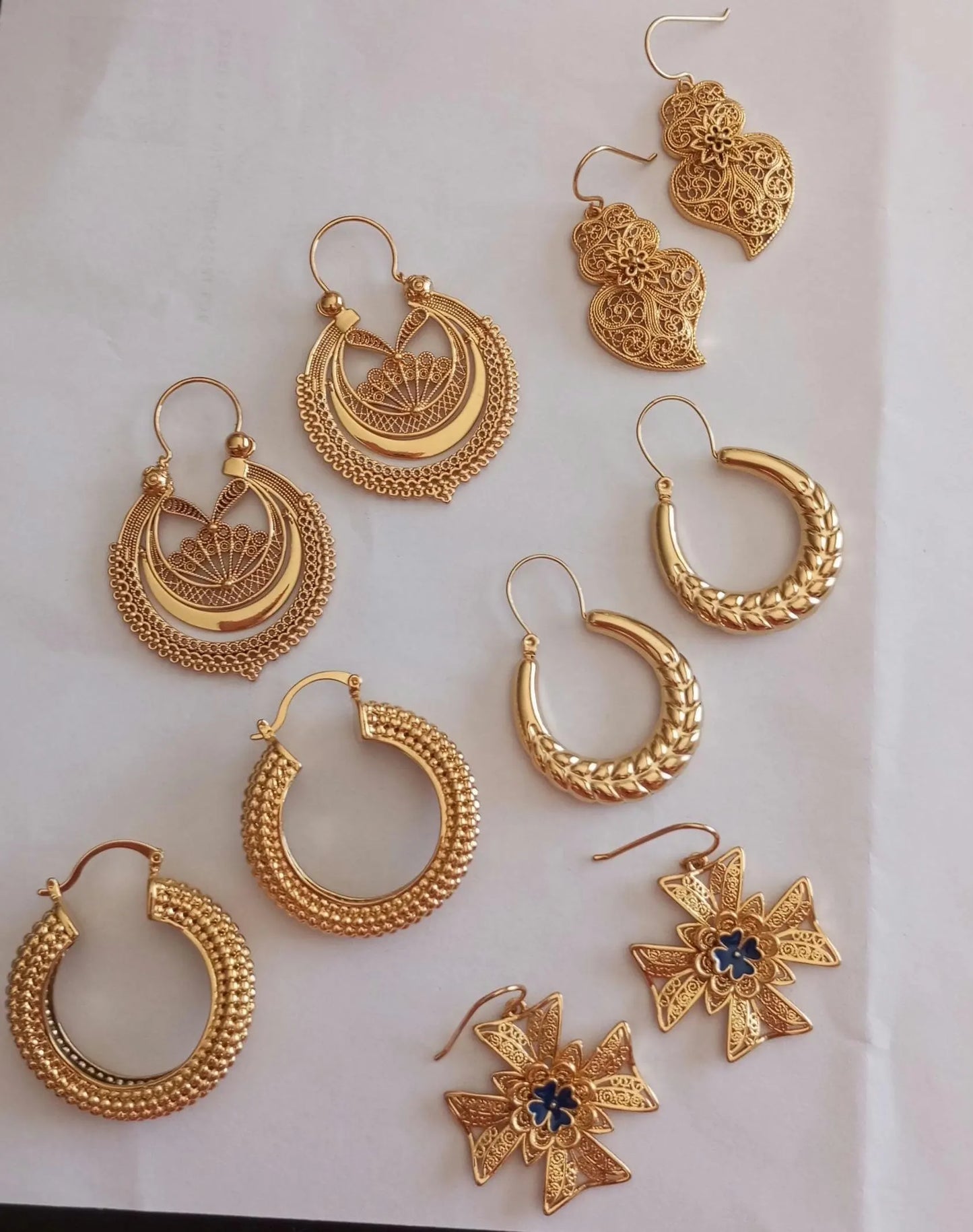 Portuguese Earrings in 24 Karat Gold, Stainless Steel Filigree Hoop Earrings, Traditional Regional Gold Jewelry from Minho