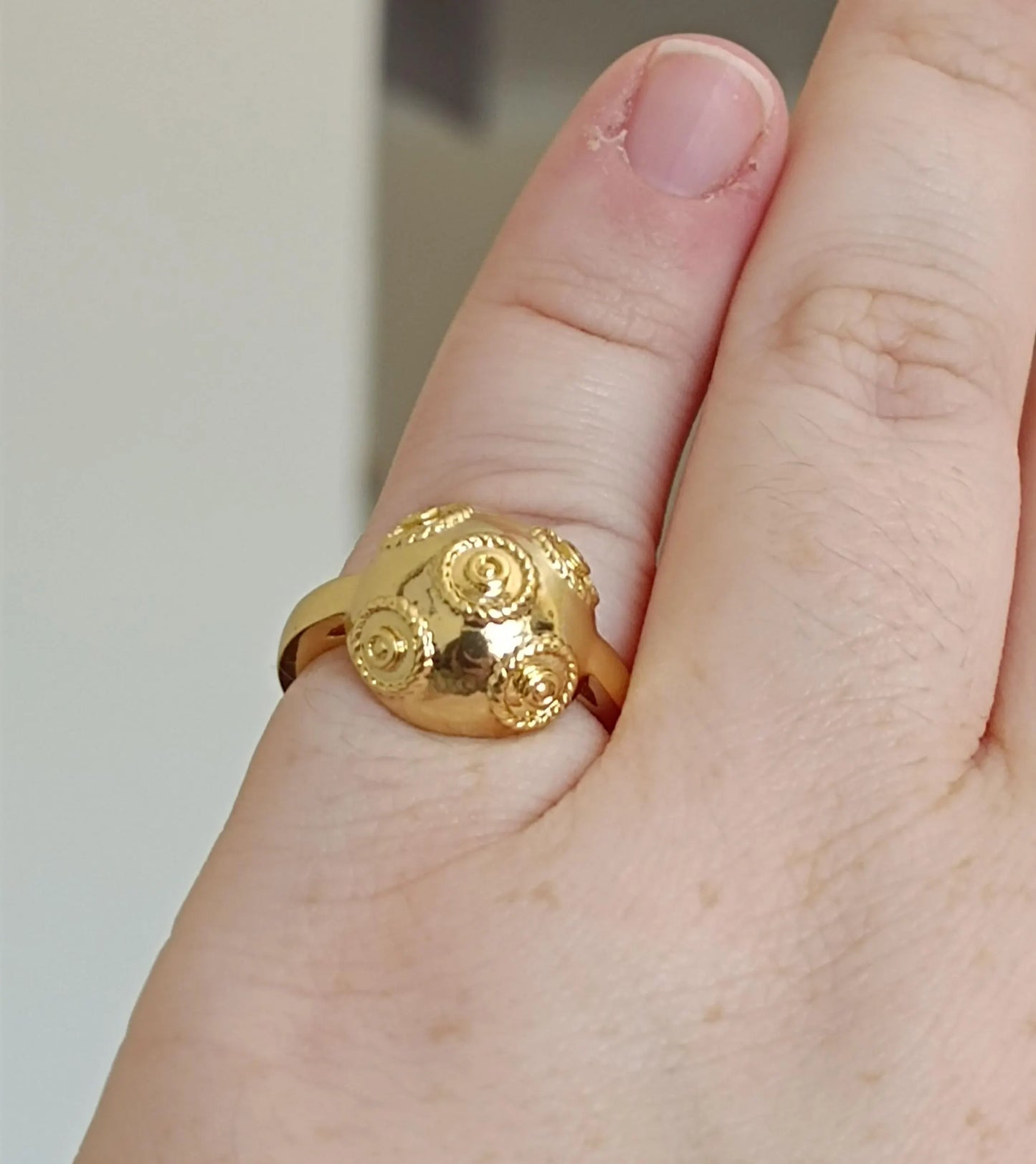Goldplated Filigree Ring Pearl of Viana Stainless Steel 24Kts Gold Plating Portuguese Filigree