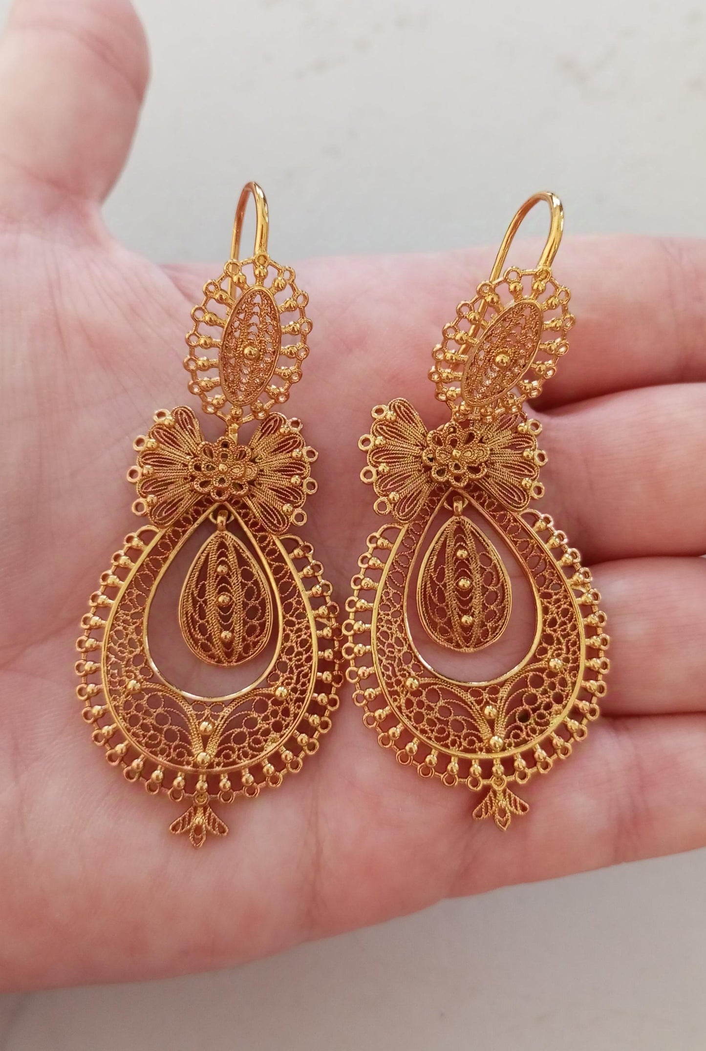 24 Kts Portuguese Princess Traditional Filigree Goldfilled Earrings Maxi Size