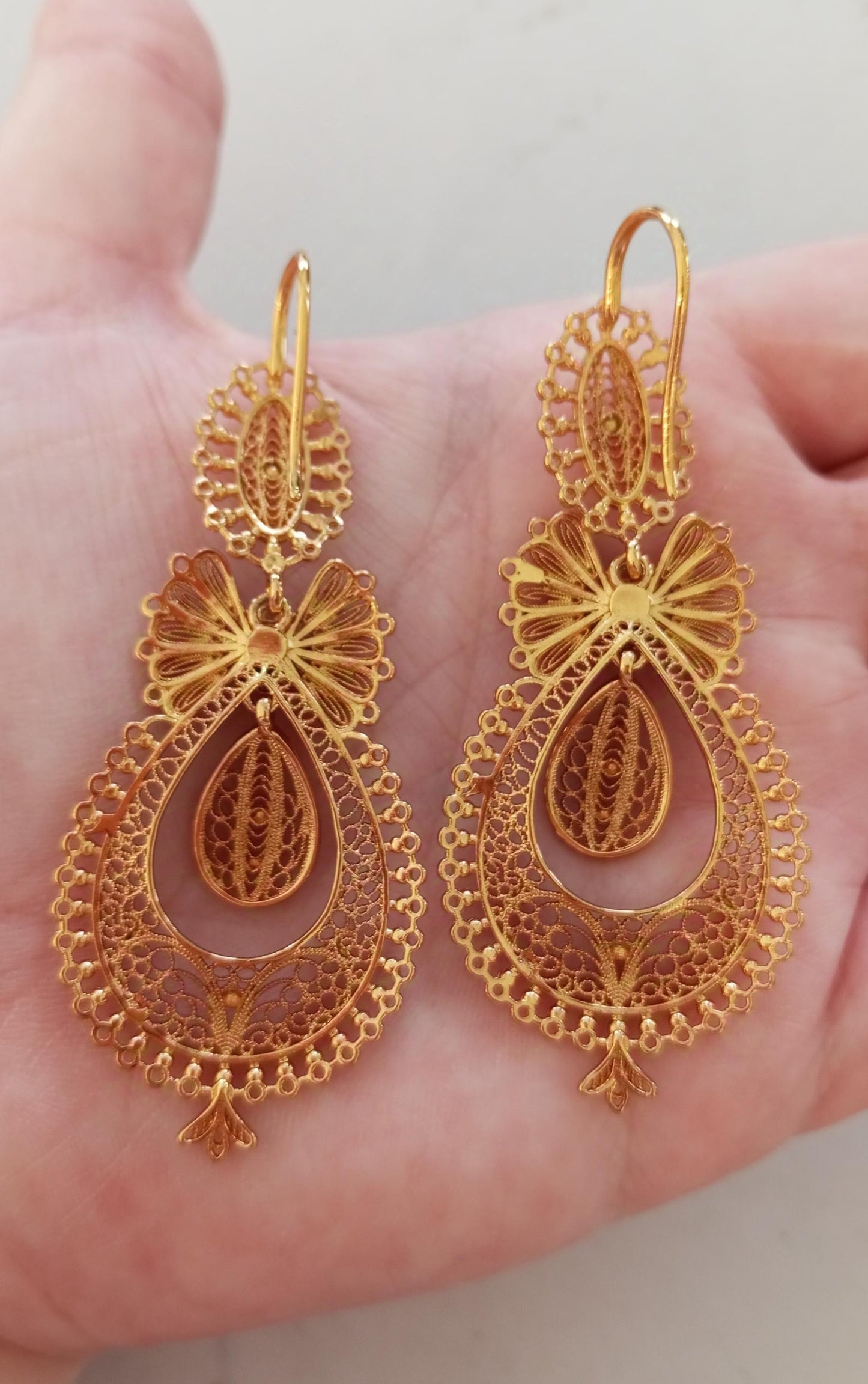 24 Kts Portuguese Princess Traditional Filigree Goldfilled Earrings Maxi Size
