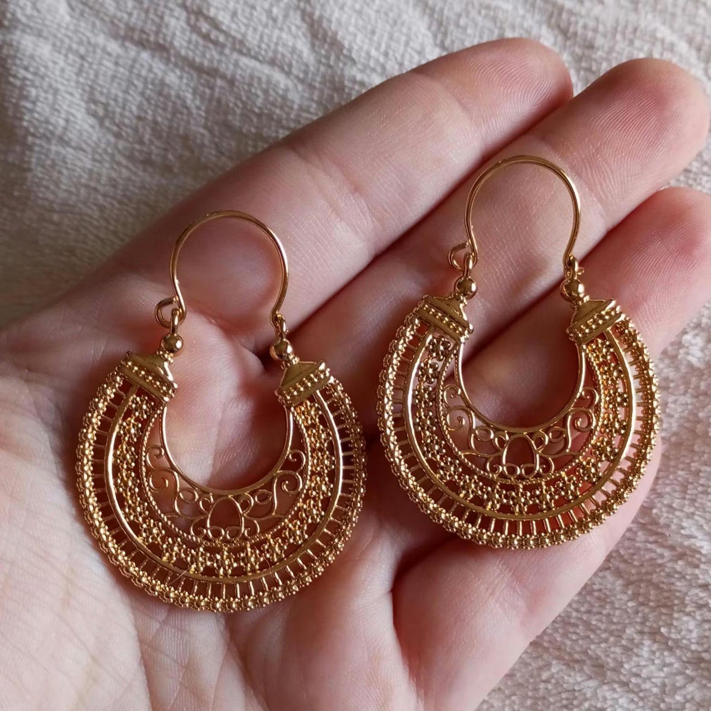 Portuguese Filigree Hoop Earrings in 24 Karat Gold Stainless Steel Minho Jewelry