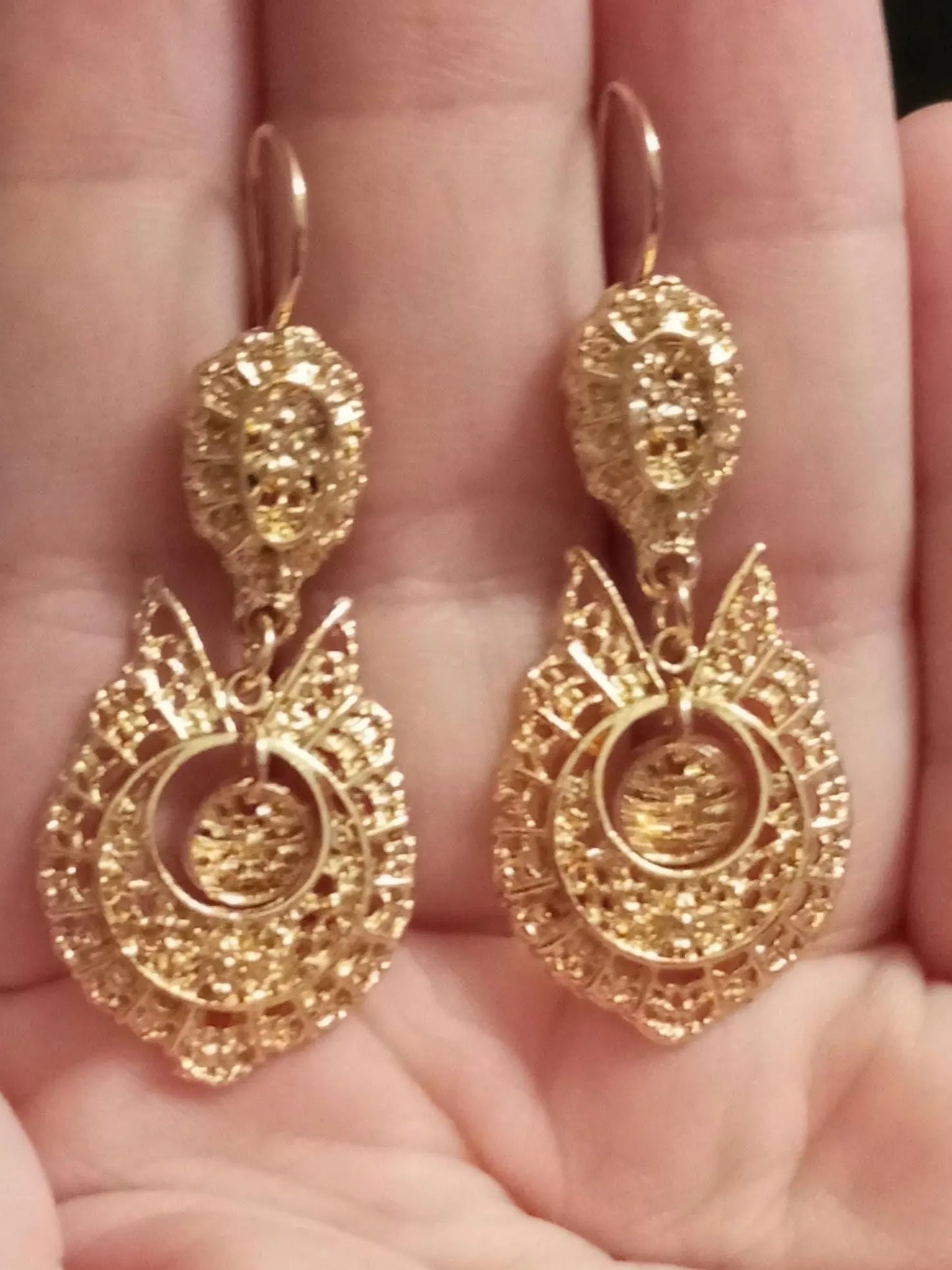 Portuguese Jewelry Lowcost Handmade Golden Metal Queen Filigree Style Cute Big Hook Earring ZAMAK