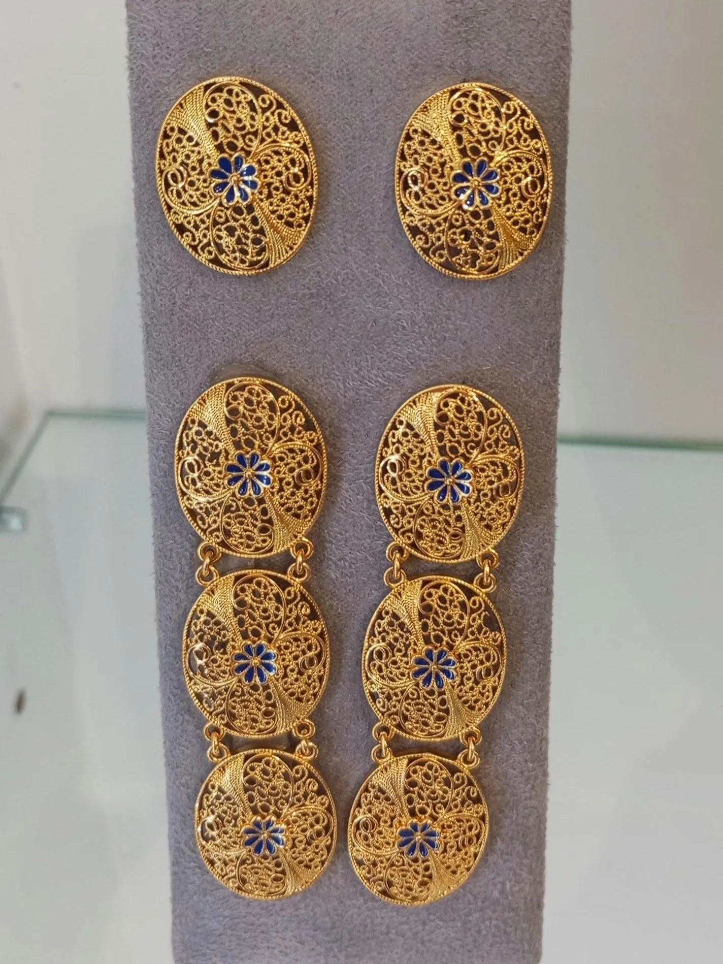Portuguese Filigree Gold Filled Long Oval Dangling Earrings Oval