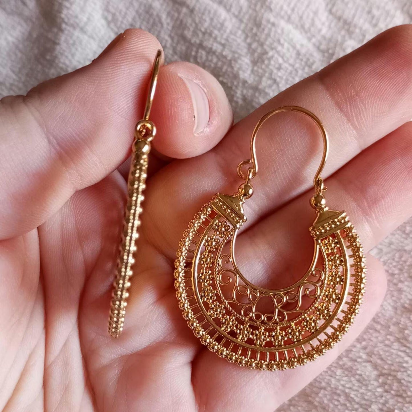 Portuguese Filigree Hoop Earrings in 24 Karat Gold Stainless Steel Minho Jewelry