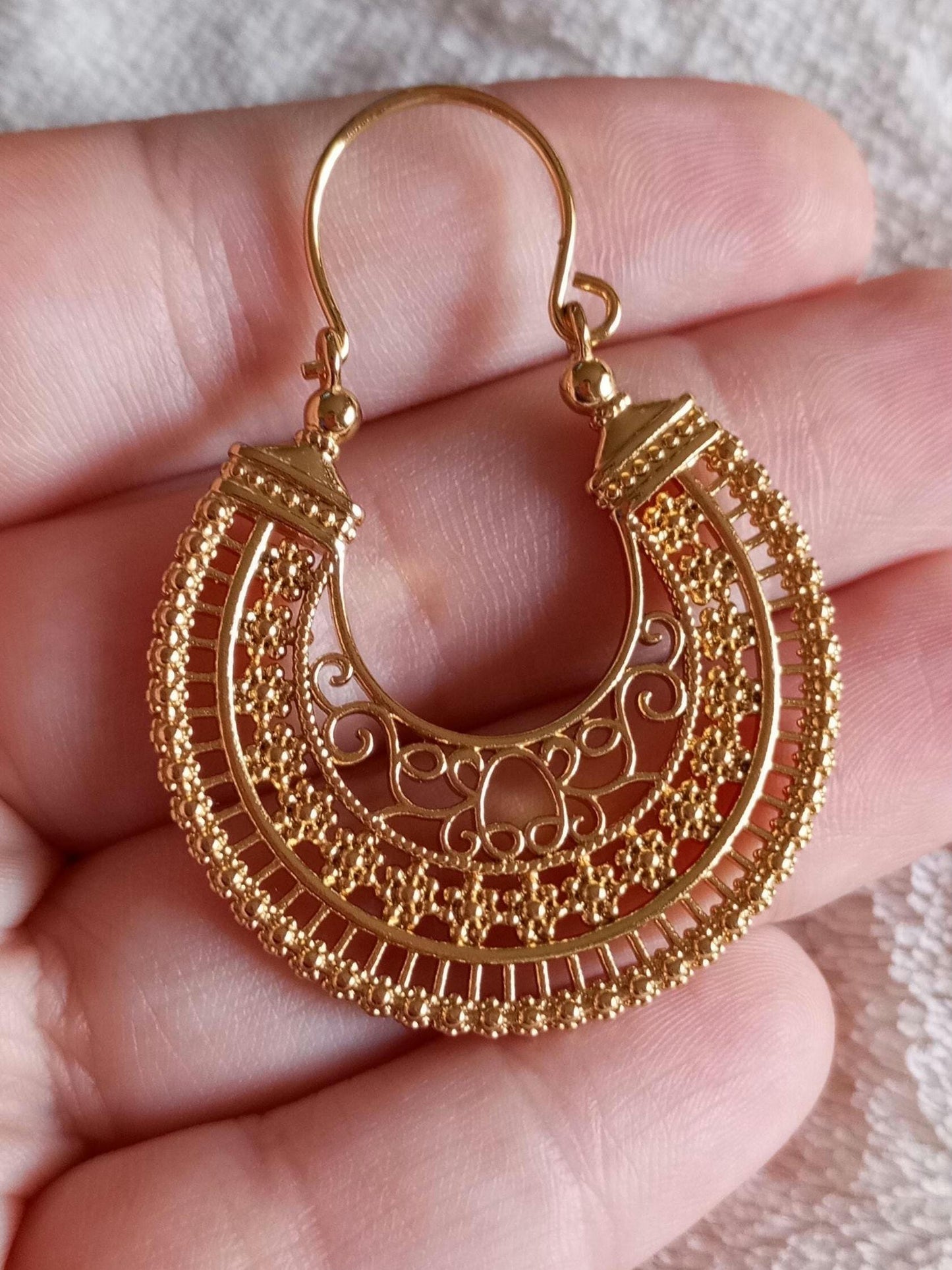 Portuguese Filigree Hoop Earrings in 24 Karat Gold Stainless Steel Minho Jewelry