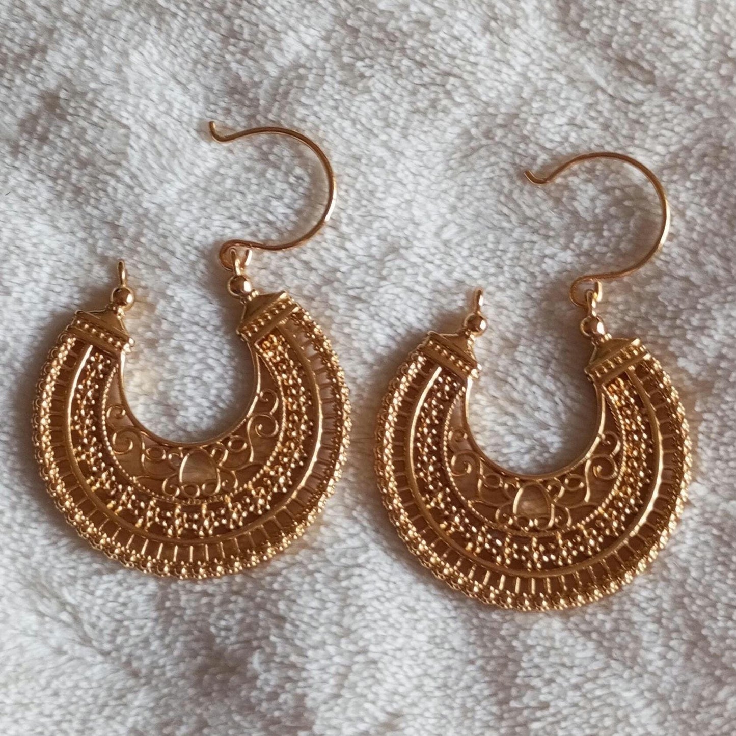 Portuguese Filigree Hoop Earrings in 24 Karat Gold Stainless Steel Minho Jewelry