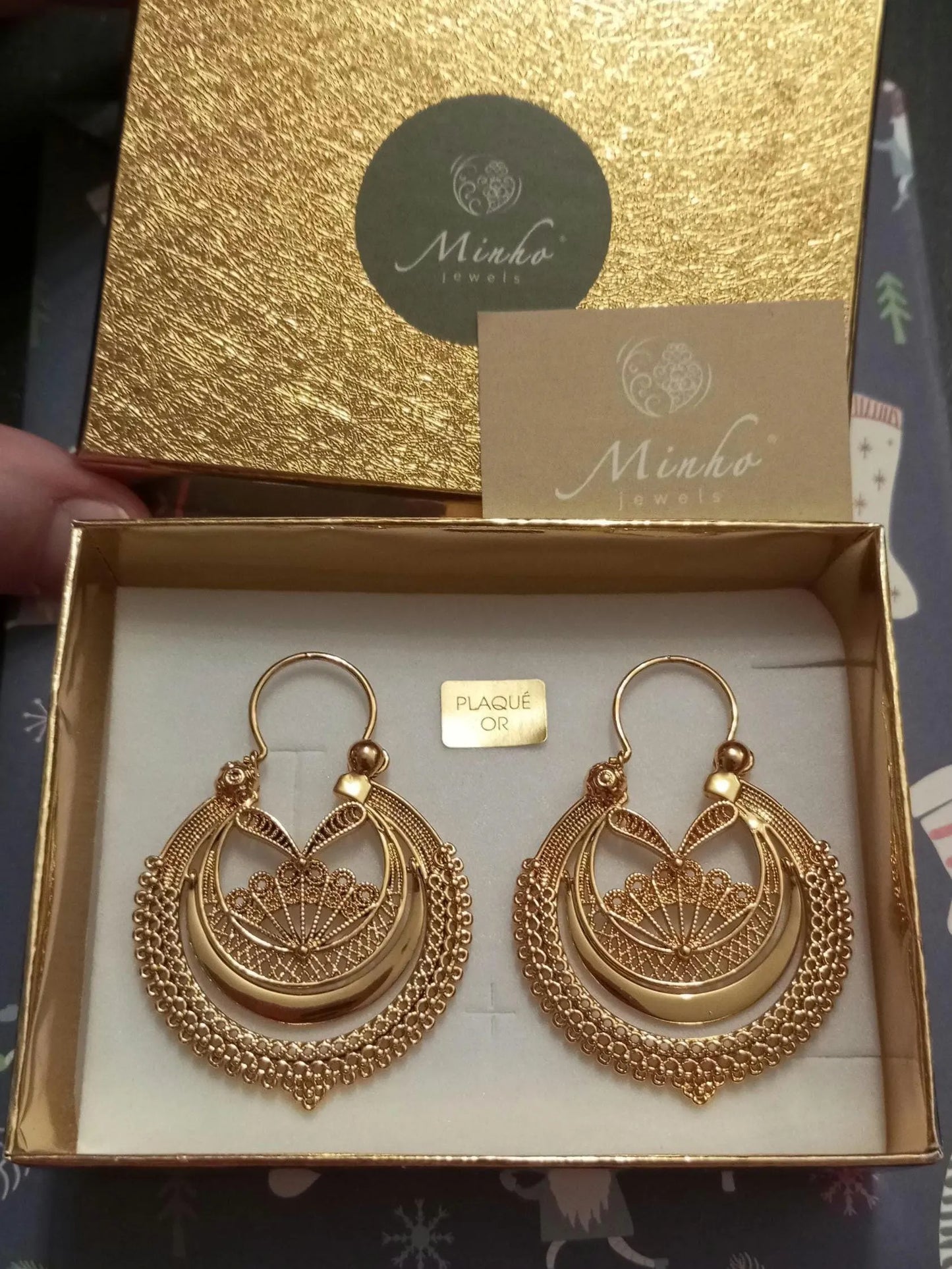 Portuguese Earrings in 24 Karat Gold, Stainless Steel Filigree Hoop Earrings, Traditional Regional Gold Jewelry from Minho