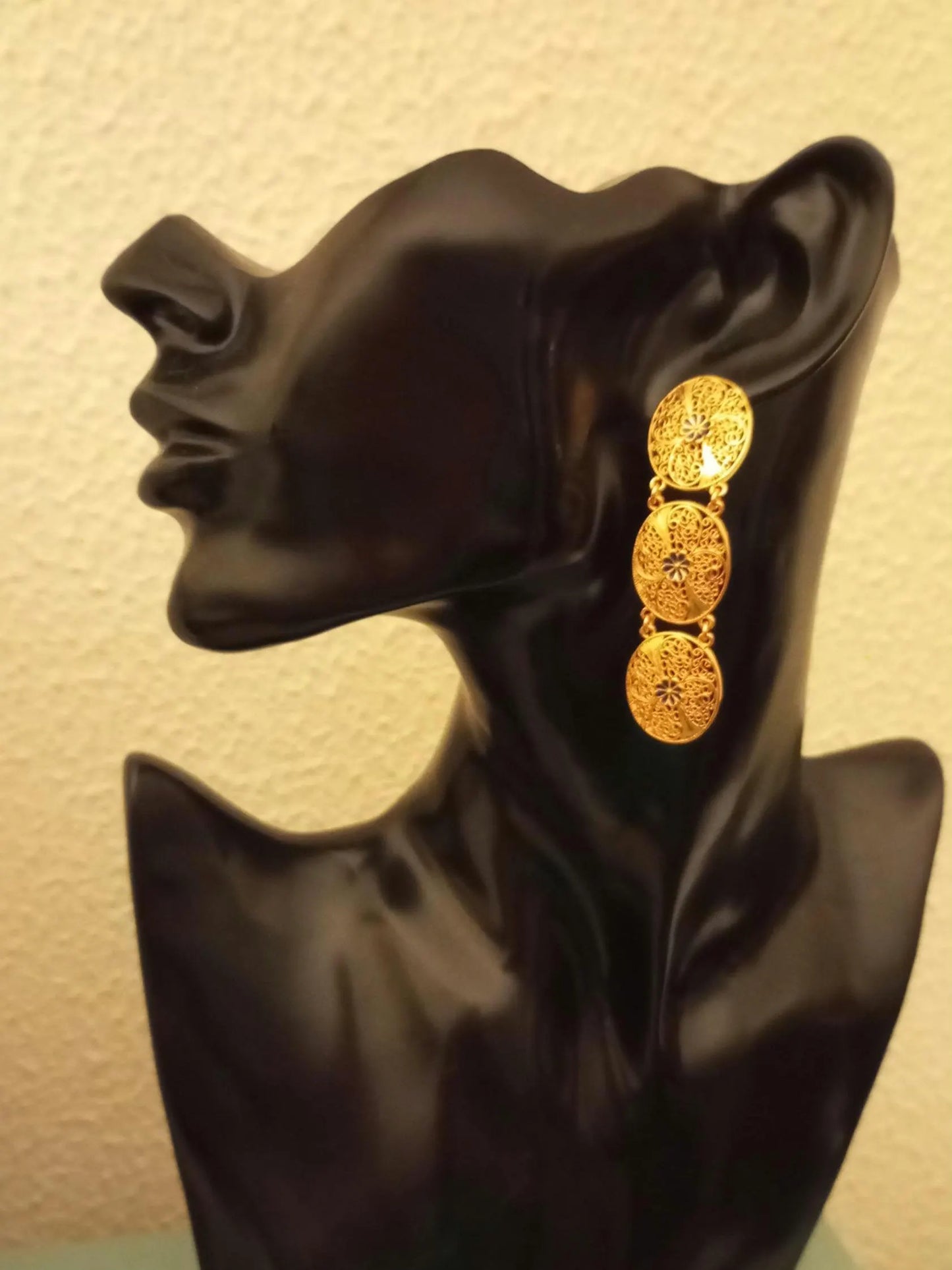Portuguese Filigree Gold Filled Long Oval Dangling Earrings Oval