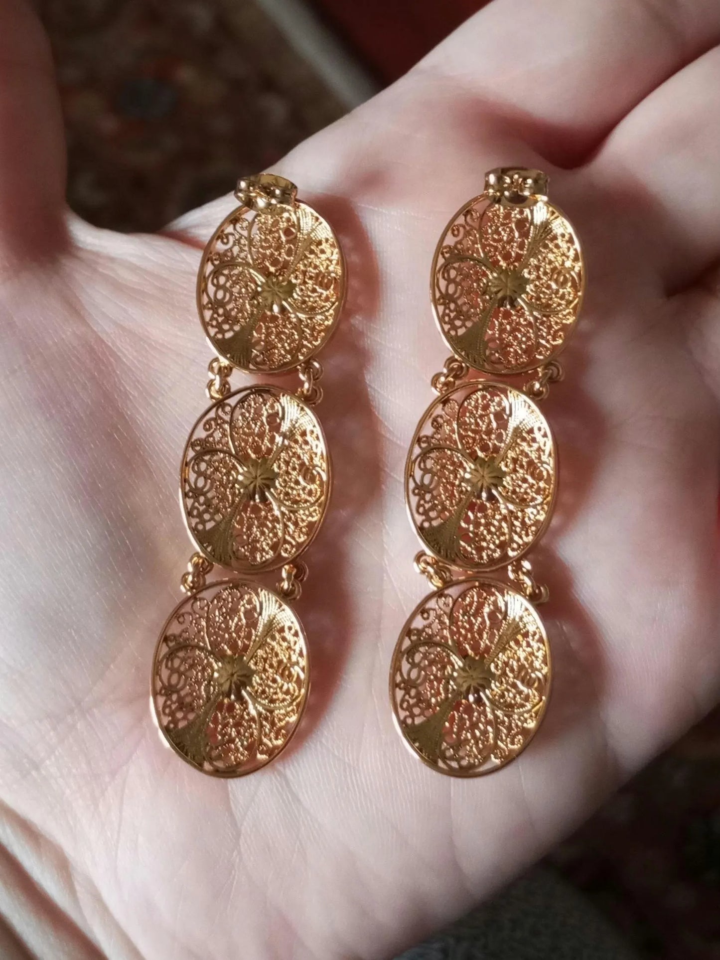 Portuguese Filigree Gold Filled Long Oval Dangling Earrings Oval