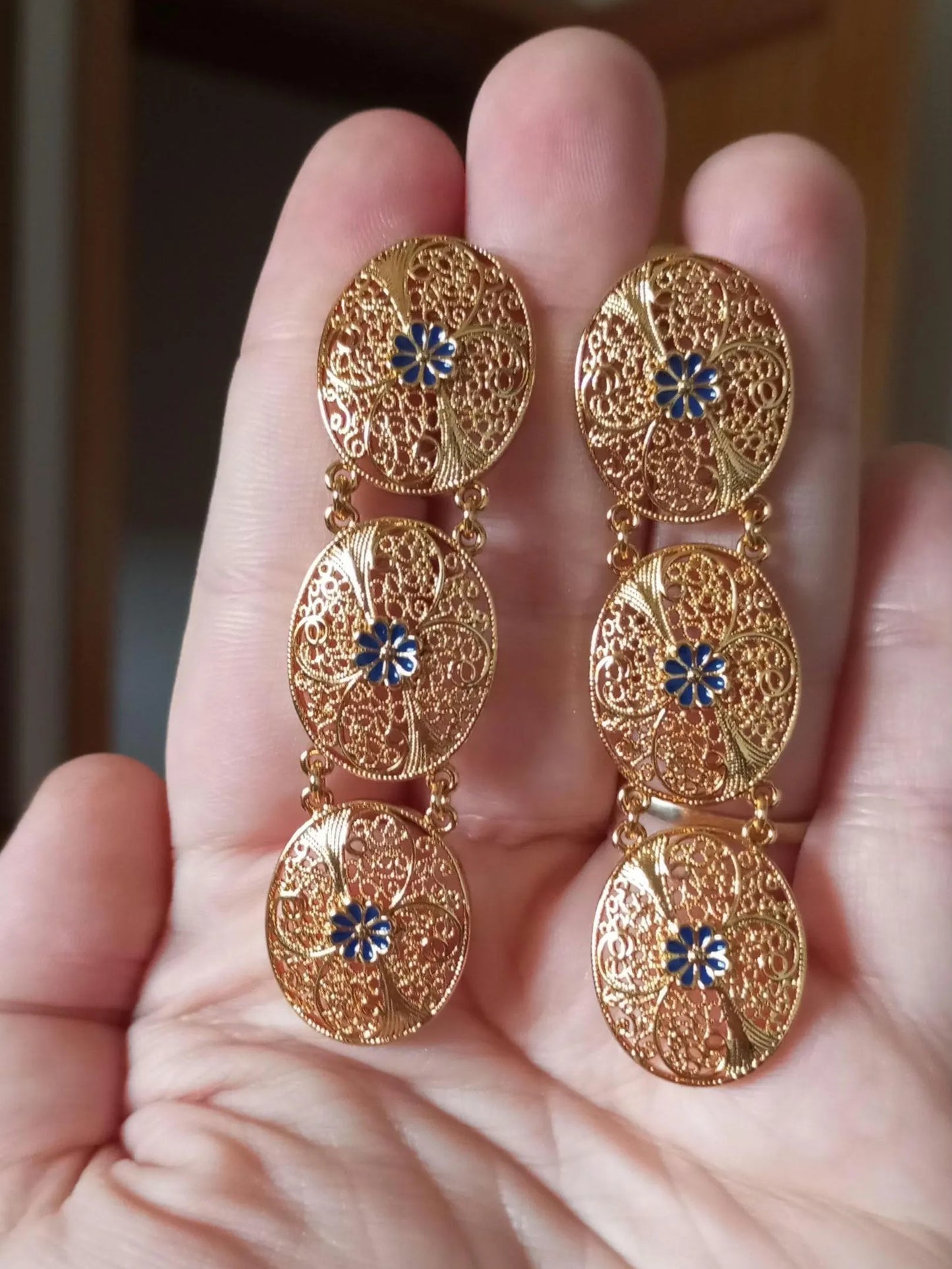 Portuguese Filigree Gold Filled Long Oval Dangling Earrings Oval