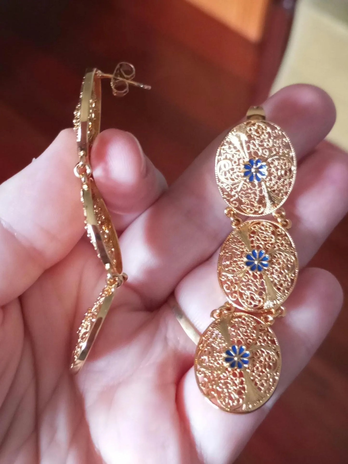 Portuguese Filigree Gold Filled Long Oval Dangling Earrings Oval