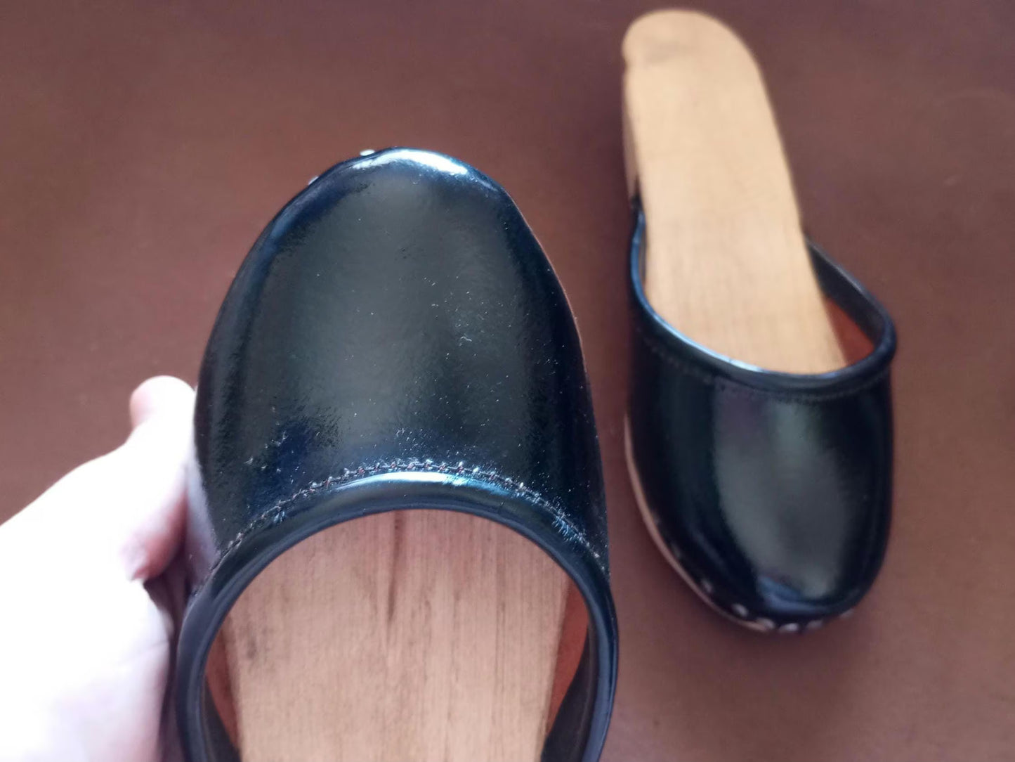 Portuguese Folclore Clogs Wood patent Black Leather Regional Handmade Folk Girl Clogs 31 & FREE Tote Bag
