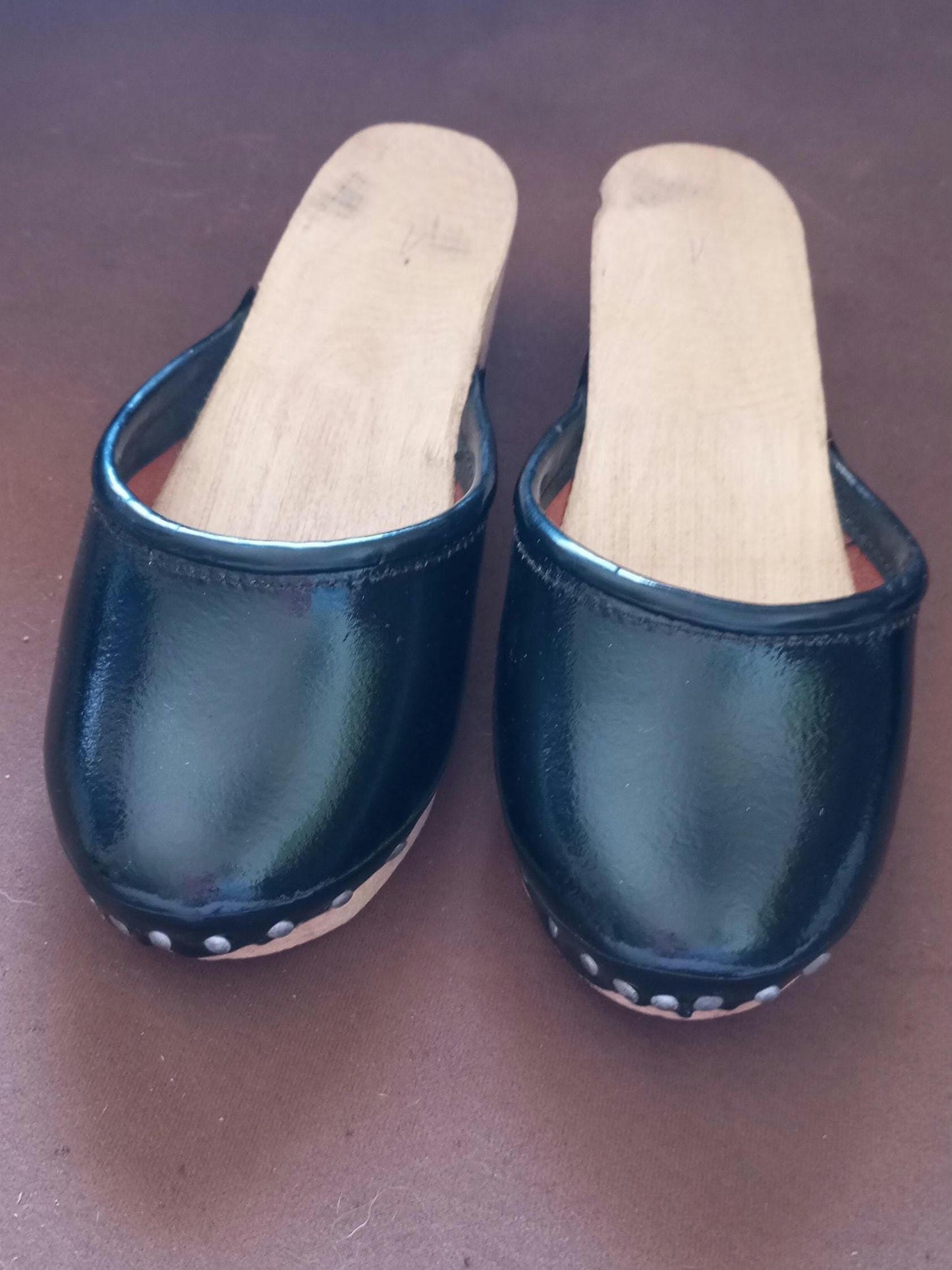 Portuguese Folclore Clogs Wood patent Black Leather Regional Handmade Folk Girl Clogs 31 & FREE Tote Bag