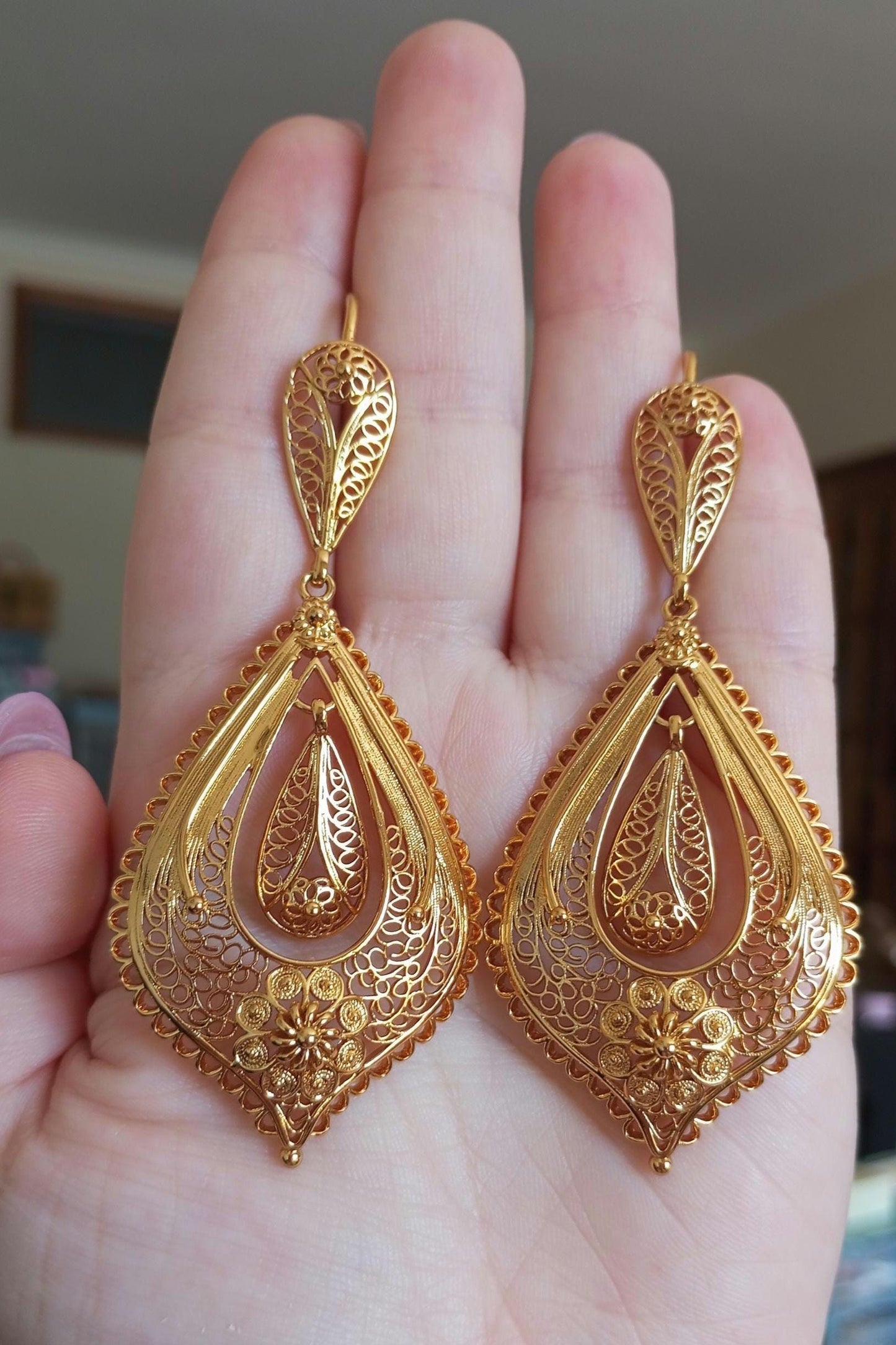 24KT Goldfilled Portuguese Teardrop Earring Filigree Jewelry