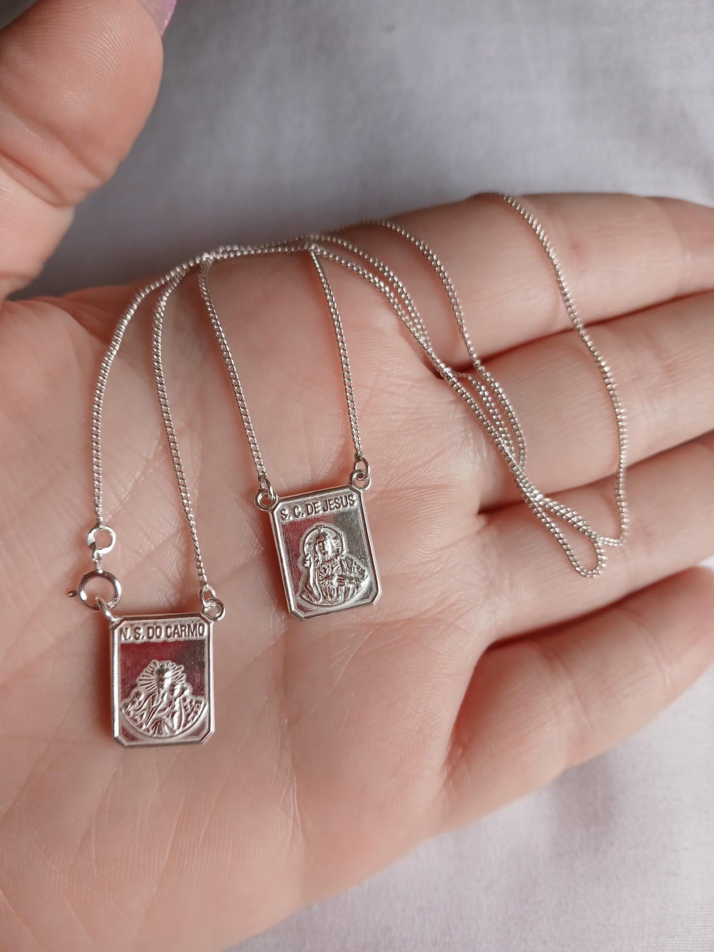 Sterling Silver Scapular Necklace Holy Mary and Jesus Christ medals, Curb Chain